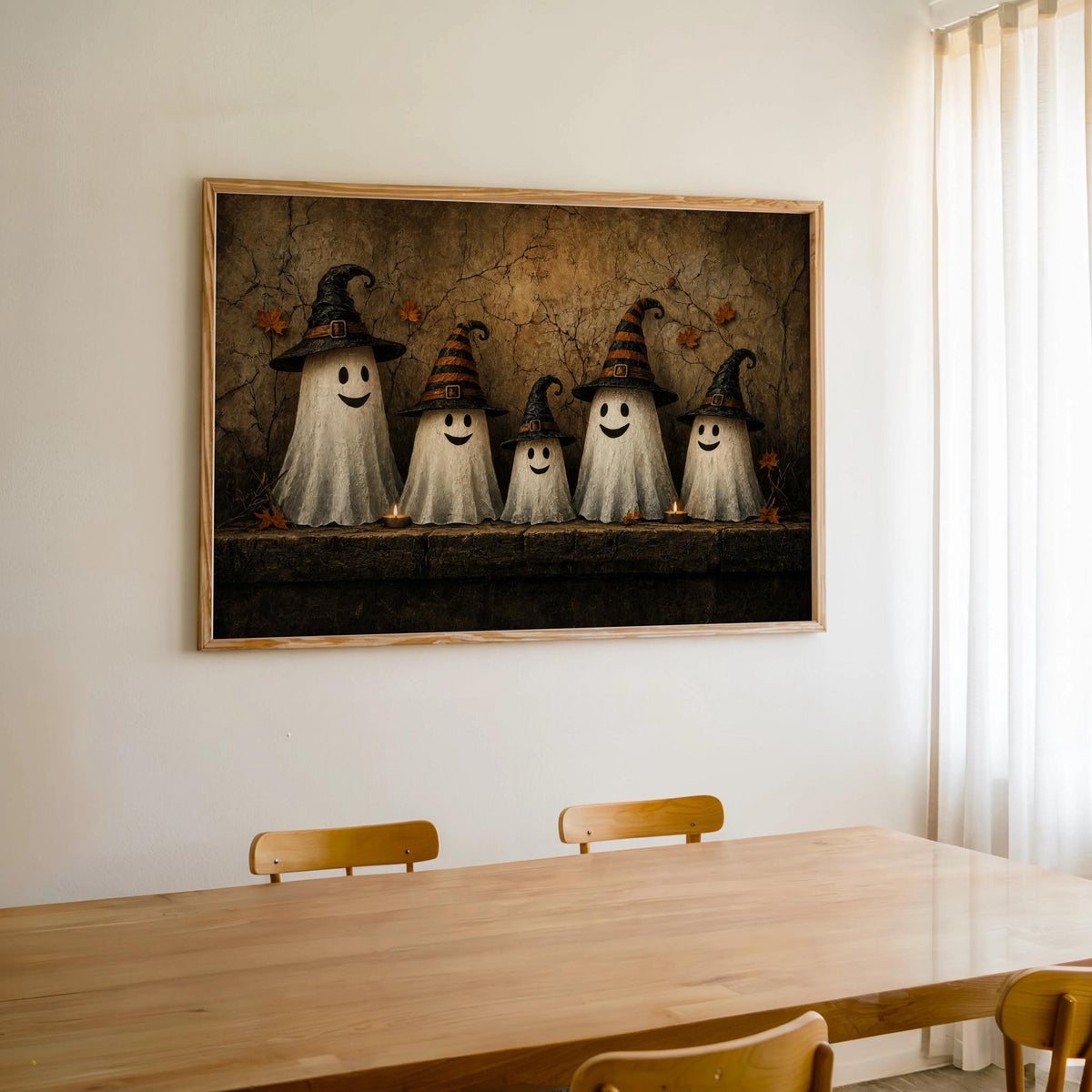 Ghost Family Wall Art, Halloween Witch Hat Print, Moody Cute Autumn Poster, Rustic Fall Painting, Cute Ghosts Decor