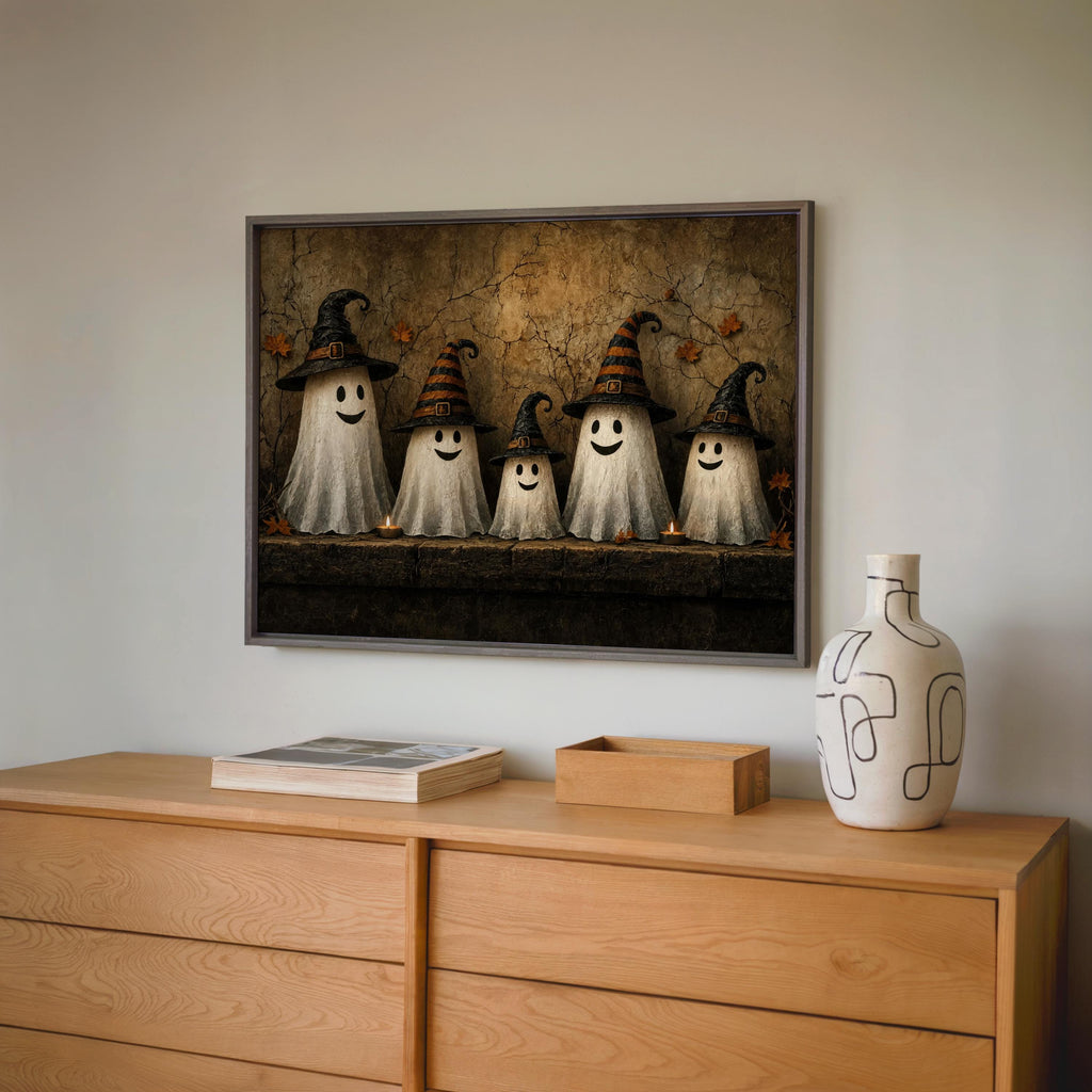 Ghost Family Wall Art, Halloween Witch Hat Print, Moody Cute Autumn Poster, Rustic Fall Painting, Cute Ghosts Decor