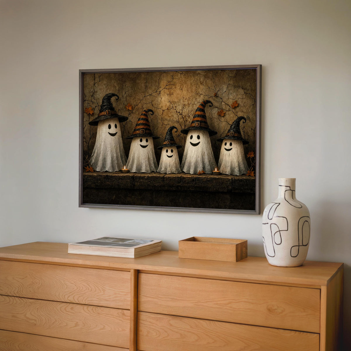 Ghost Family Wall Art, Halloween Witch Hat Print, Moody Cute Autumn Poster, Rustic Fall Painting, Cute Ghosts Decor