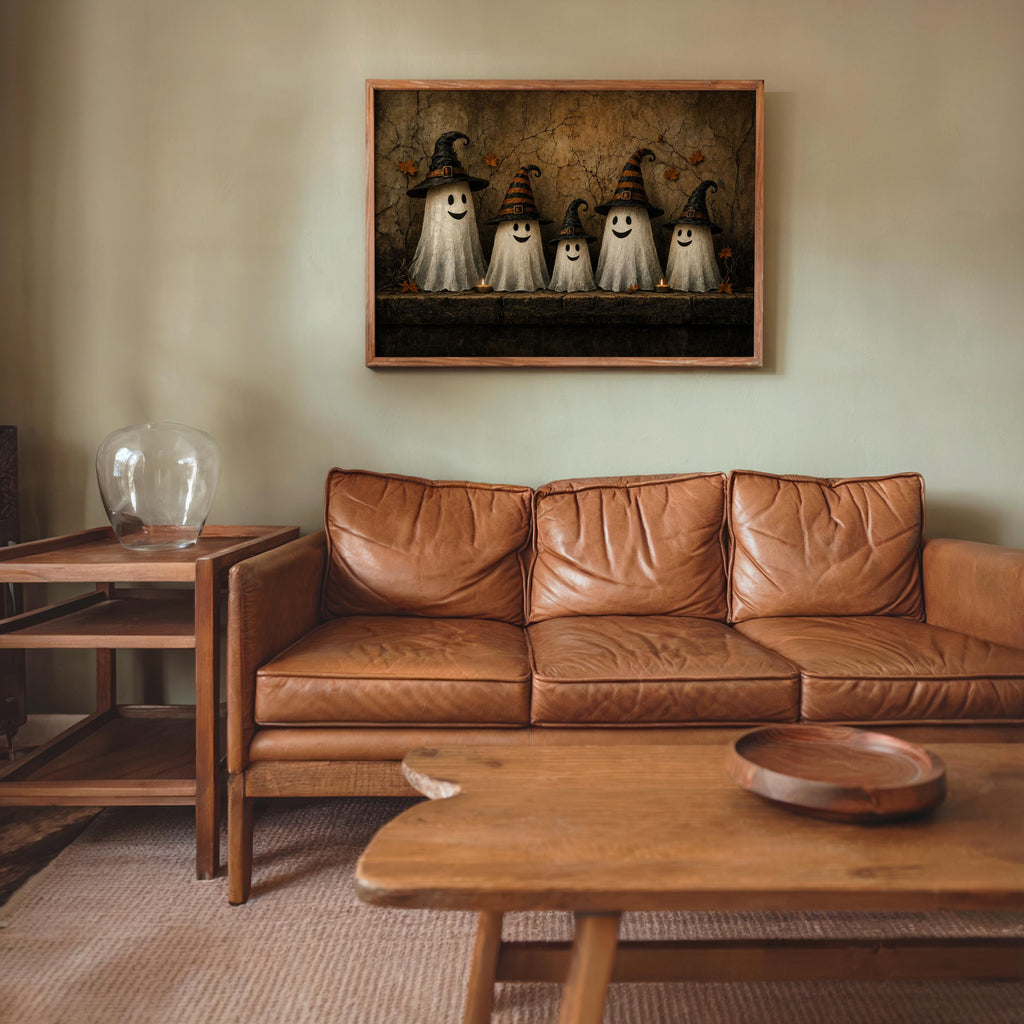 Ghost Family Wall Art, Halloween Witch Hat Print, Moody Cute Autumn Poster, Rustic Fall Painting, Cute Ghosts Decor