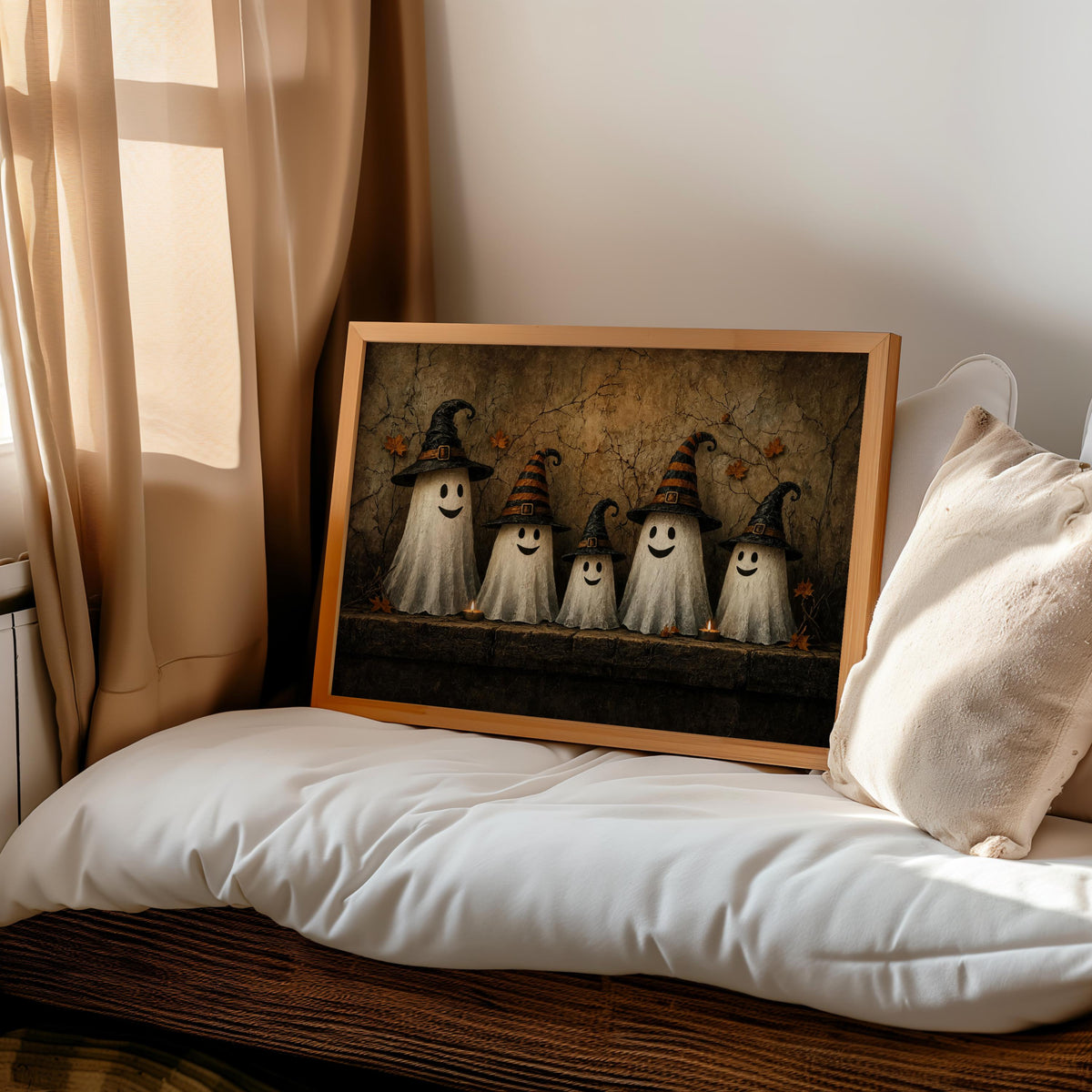 Ghost Family Wall Art, Halloween Witch Hat Print, Moody Cute Autumn Poster, Rustic Fall Painting, Cute Ghosts Decor