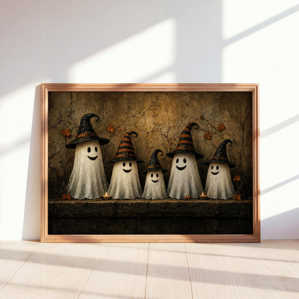 Ghost Family Wall Art, Halloween Witch Hat Print, Moody Cute Autumn Poster, Rustic Fall Painting, Cute Ghosts Decor