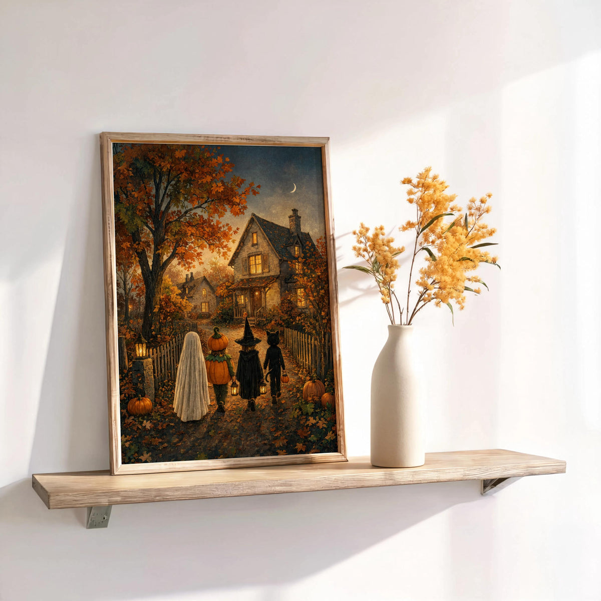 Trick or Treat Rustic Halloween Folk Art, Cozy Autumn Decor, Ghost Witch Wall Print, Vintage Moody Fall Art, Cottage Farmhouse Painting