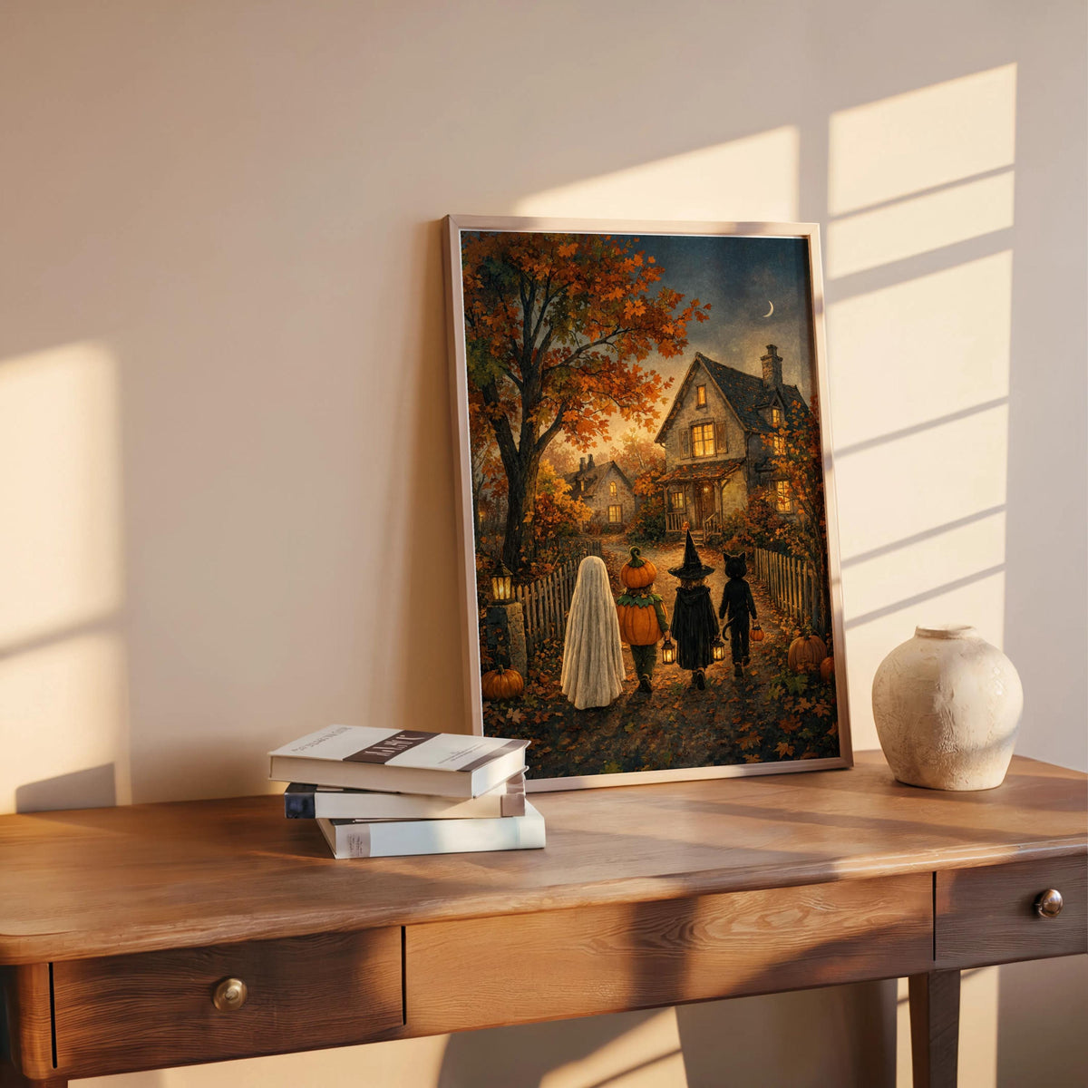 Trick or Treat Rustic Halloween Folk Art, Cozy Autumn Decor, Ghost Witch Wall Print, Vintage Moody Fall Art, Cottage Farmhouse Painting
