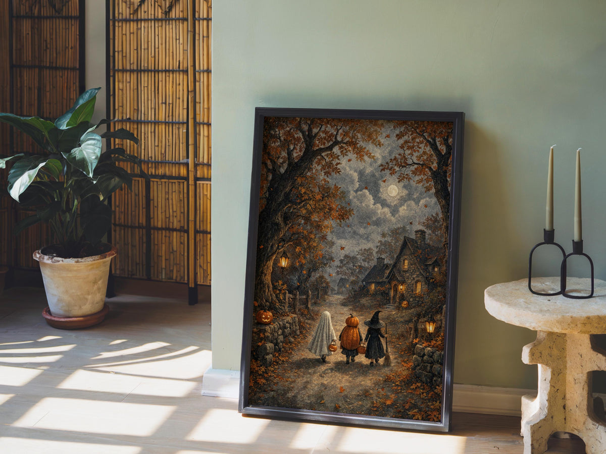 Halloween Trick or Treat Wall Art, Vintage Autumn Decor, Cozy Ghost Witch Print, Retro Moody Fall Folk Art, Cottagecore Farmhouse Painting