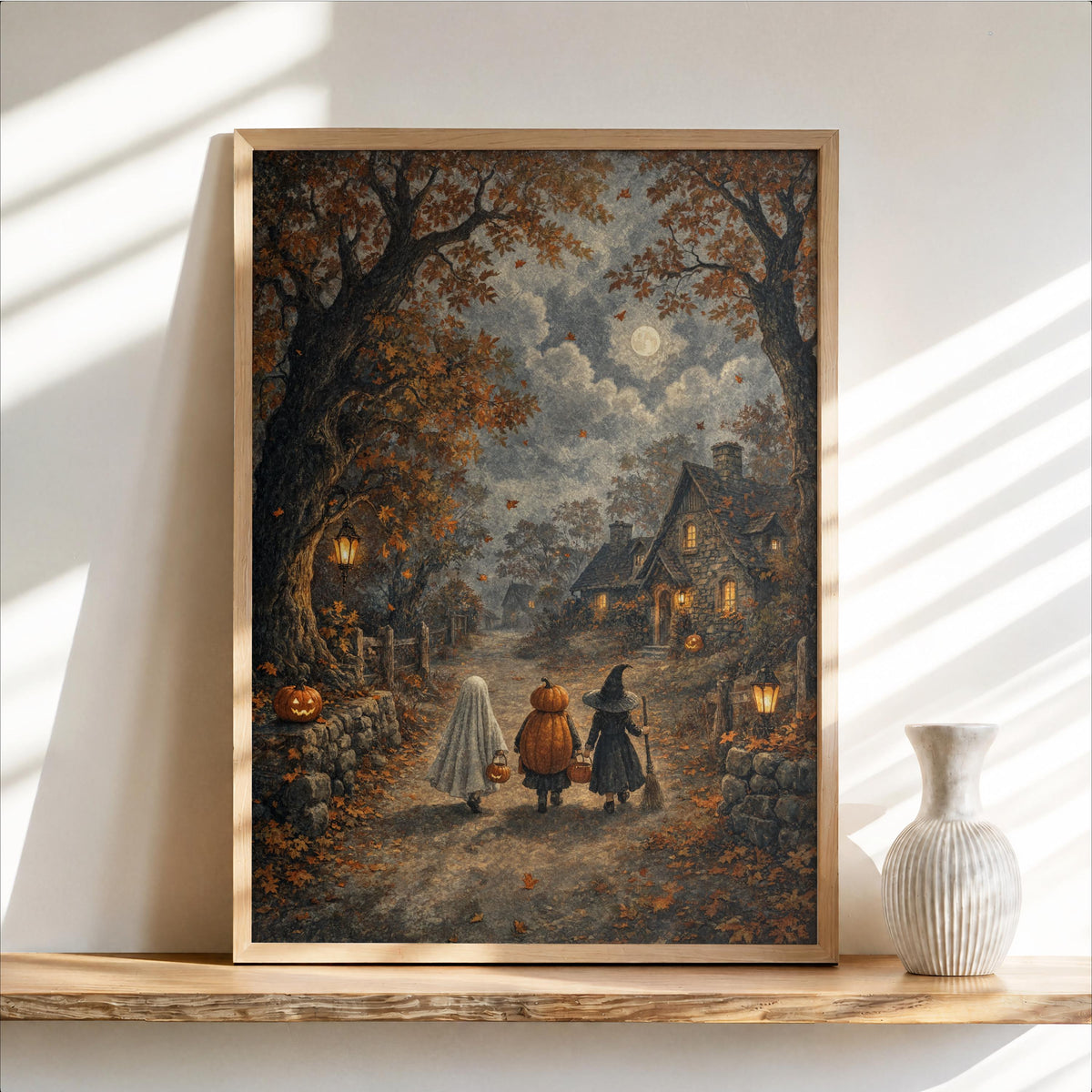 Halloween Trick or Treat Wall Art, Vintage Autumn Decor, Cozy Ghost Witch Print, Retro Moody Fall Folk Art, Cottagecore Farmhouse Painting