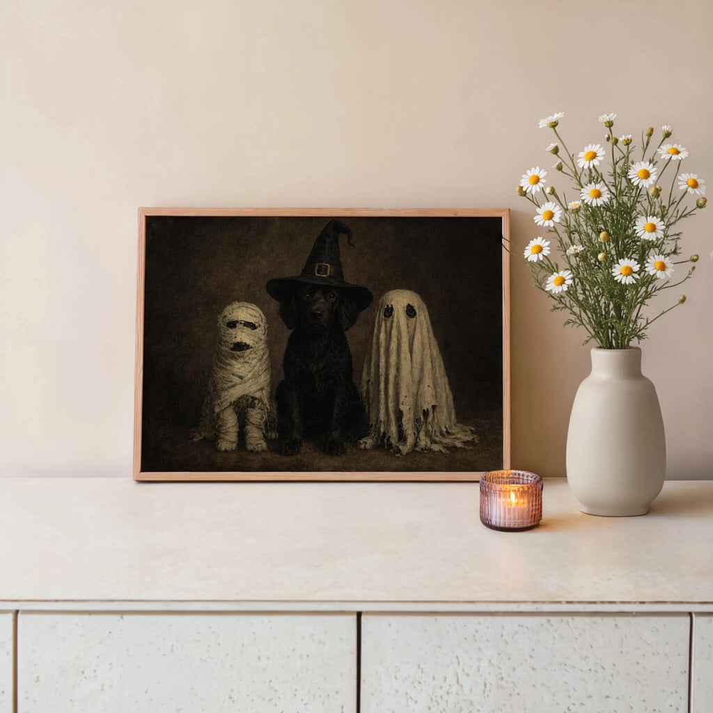 Spooky Halloween Dogs Print, Funny Pet Lover Autumn Wall Art, Whimsical Halloween Animal in Costumes Decor, Fall Spooky Season Print