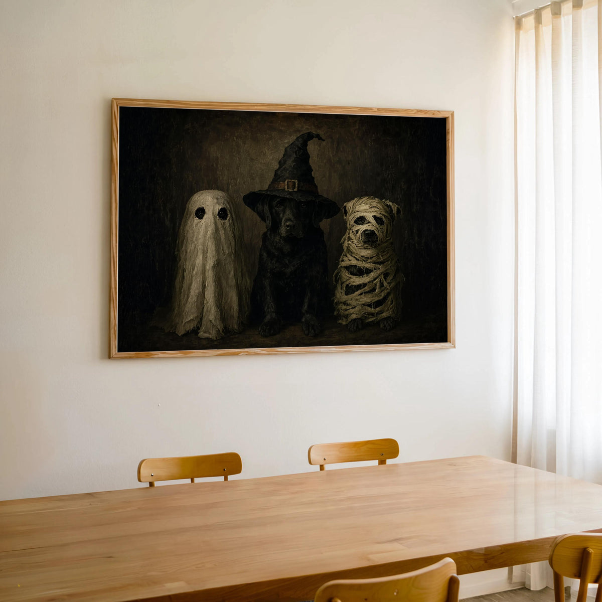 Halloween Dogs in Costumes Wall Art, Funny Dog Lover Spooky Painting, Whimsical Halloween Animals Decor, Moody Dark Fall Autumn Print