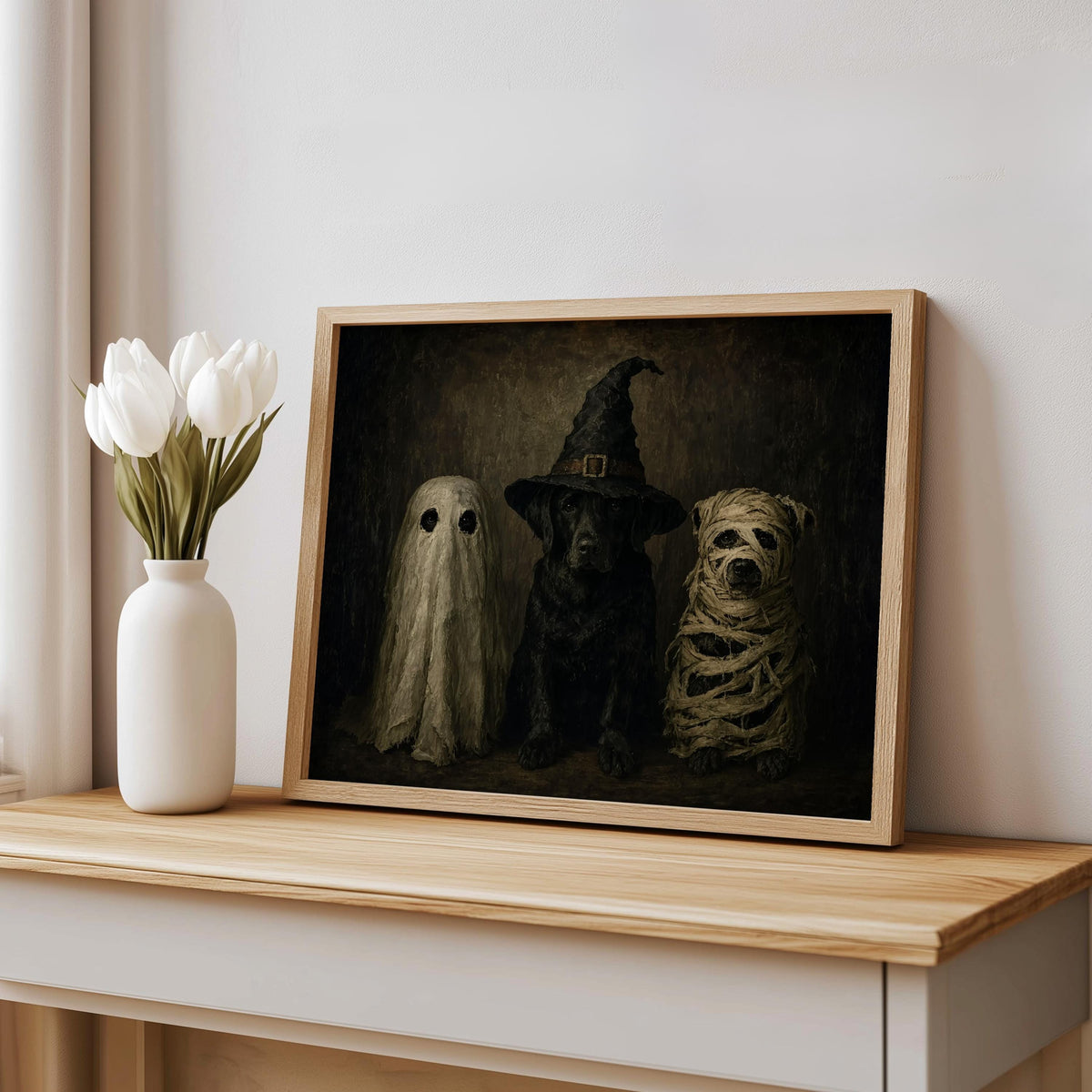 Halloween Dogs in Costumes Wall Art, Funny Dog Lover Spooky Painting, Whimsical Halloween Animals Decor, Moody Dark Fall Autumn Print