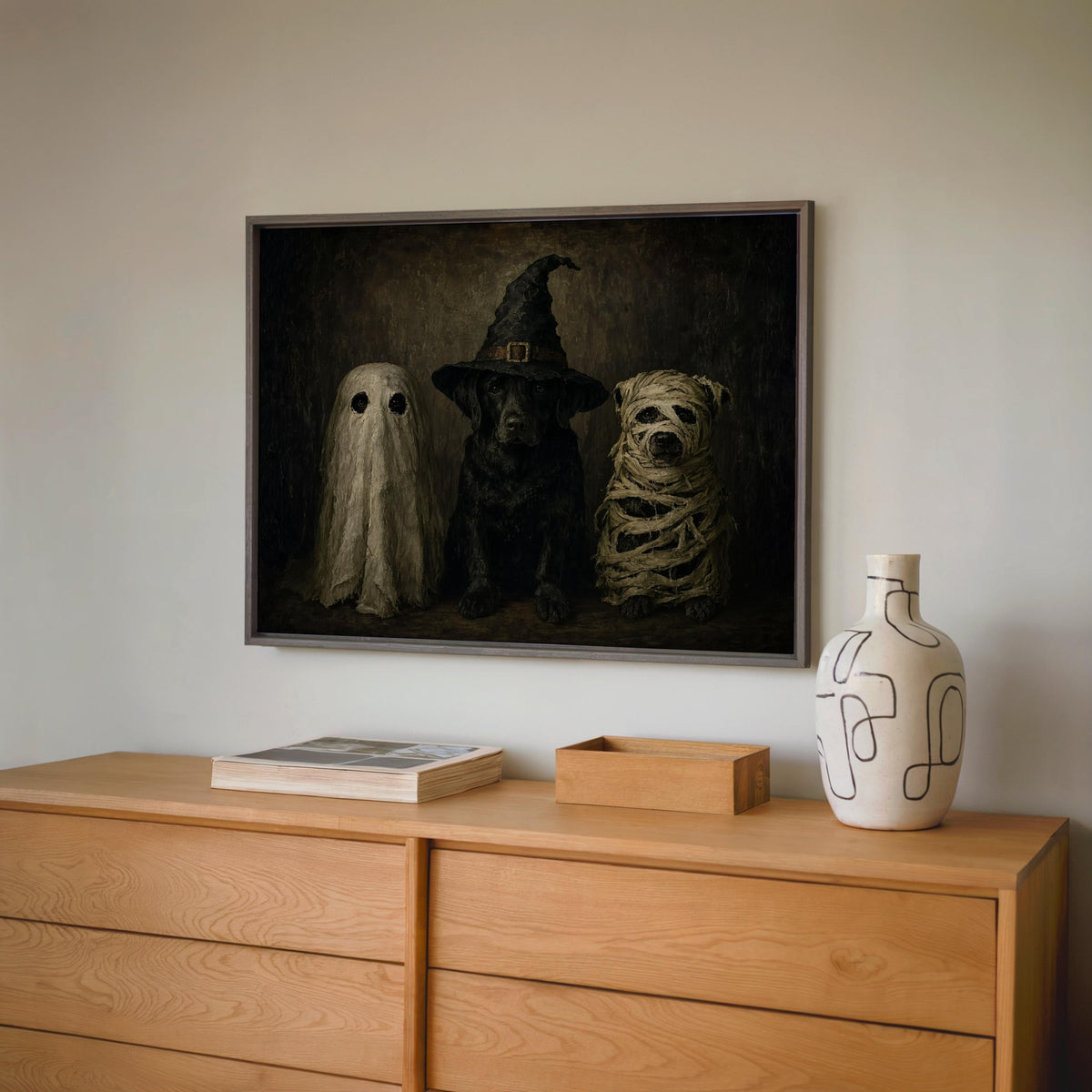Halloween Dogs in Costumes Wall Art, Funny Dog Lover Spooky Painting, Whimsical Halloween Animals Decor, Moody Dark Fall Autumn Print