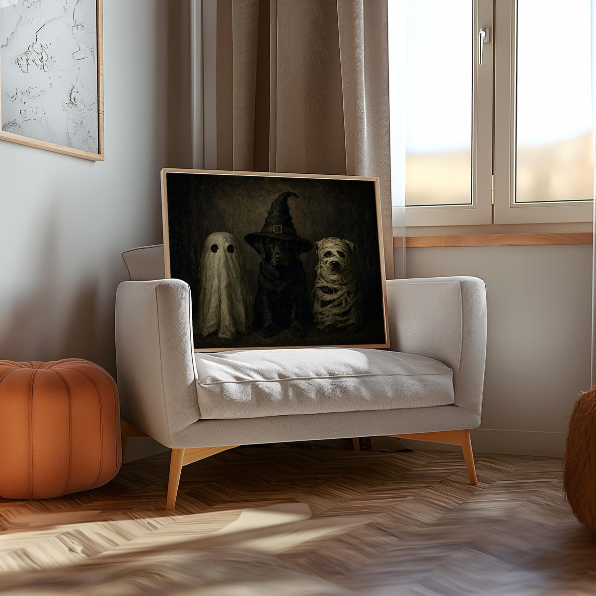 Halloween Dogs in Costumes Wall Art, Funny Dog Lover Spooky Painting, Whimsical Halloween Animals Decor, Moody Dark Fall Autumn Print