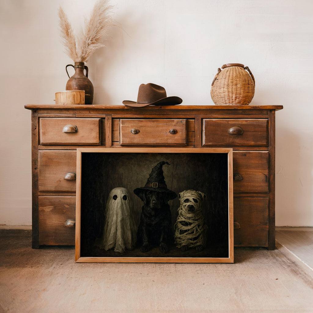 Halloween Dogs in Costumes Wall Art, Funny Dog Lover Spooky Painting, Whimsical Halloween Animals Decor, Moody Dark Fall Autumn Print