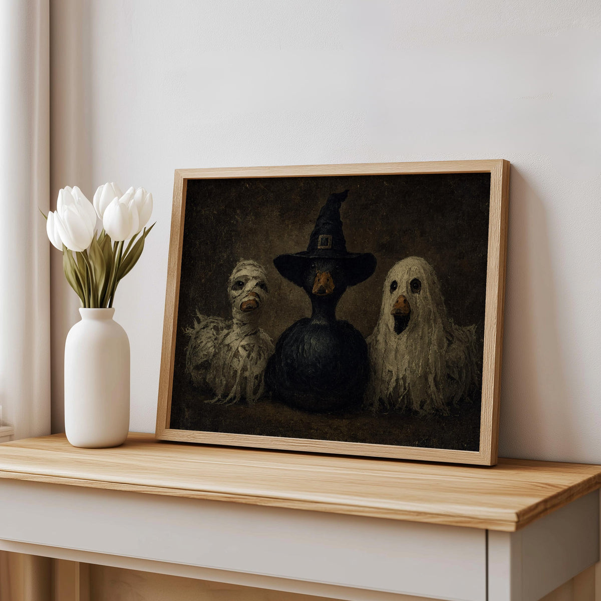Vintage Halloween Ducks in Costumes Wall Art, Animal Lover Halloween Decor, Funny Spooky Season Print, Witchy Autumn & Fall Poster
