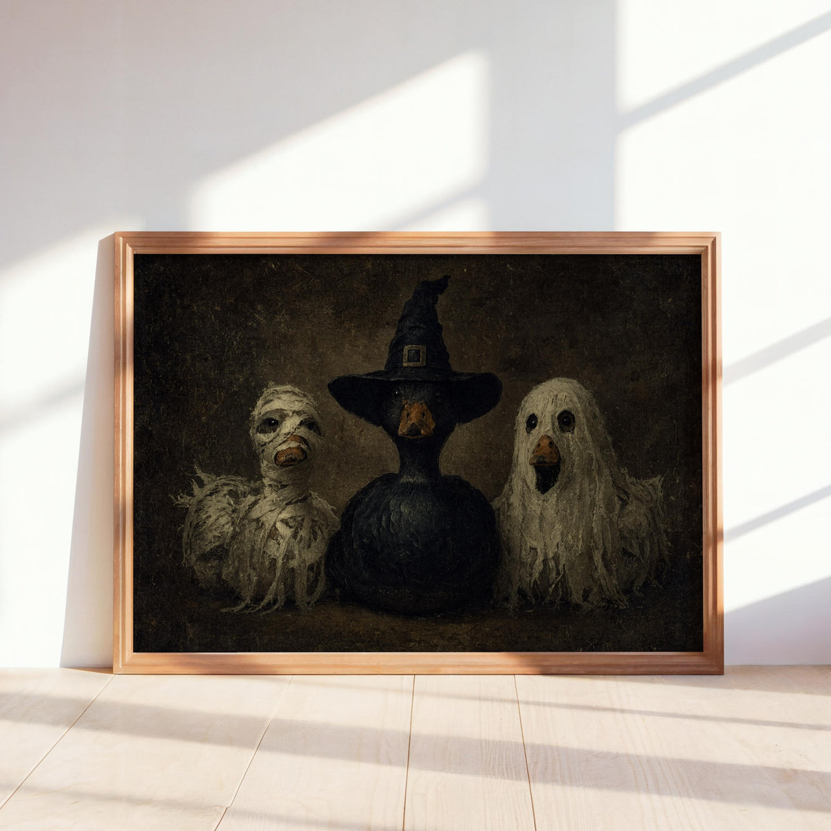 Vintage Halloween Ducks in Costumes Wall Art, Animal Lover Halloween Decor, Funny Spooky Season Print, Witchy Autumn & Fall Poster