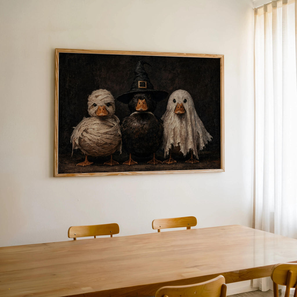 Framed Halloween duck wall art centered above a dining table, sunlight through curtains, vintage Halloween wall art in muted tones
