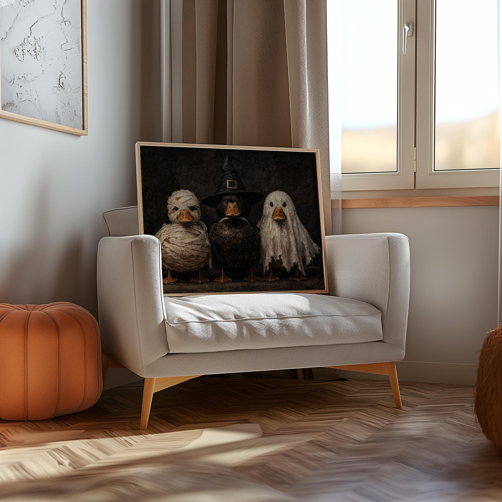 Unframed Halloween duck wall art resting on an upholstered chair by a window, pumpkin accent, duck Halloween print in warm light