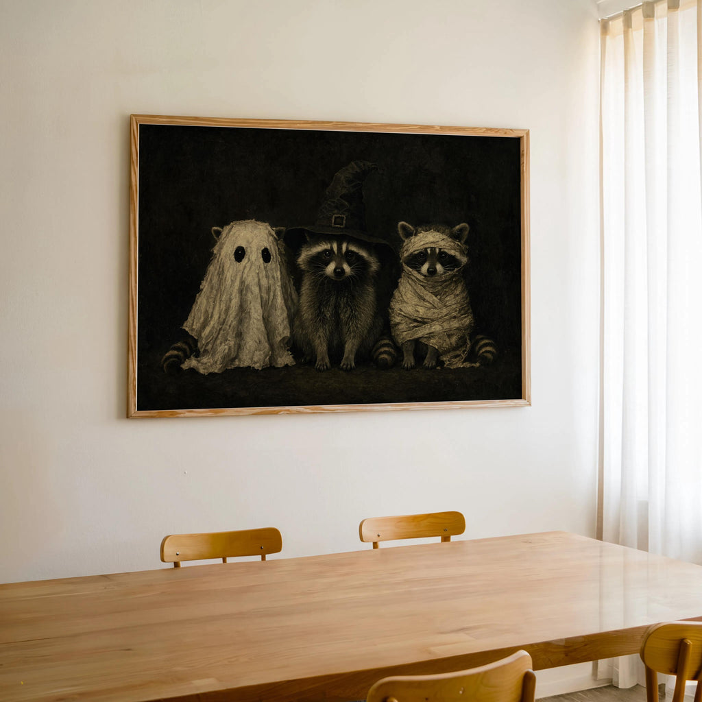 Dark Vintage Halloween Raccoons Wall Art, Funny Raccoon Halloween Print, Witchy Animal Portrait, Gothic Fall Decor, Cute Spooky Painting