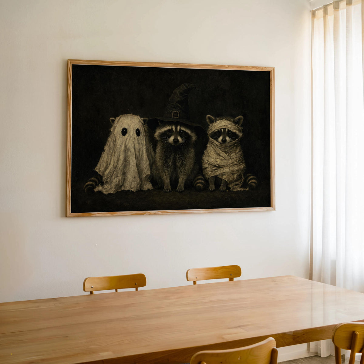 Dark Vintage Halloween Raccoons Wall Art, Funny Raccoon Halloween Print, Witchy Animal Portrait, Gothic Fall Decor, Cute Spooky Painting