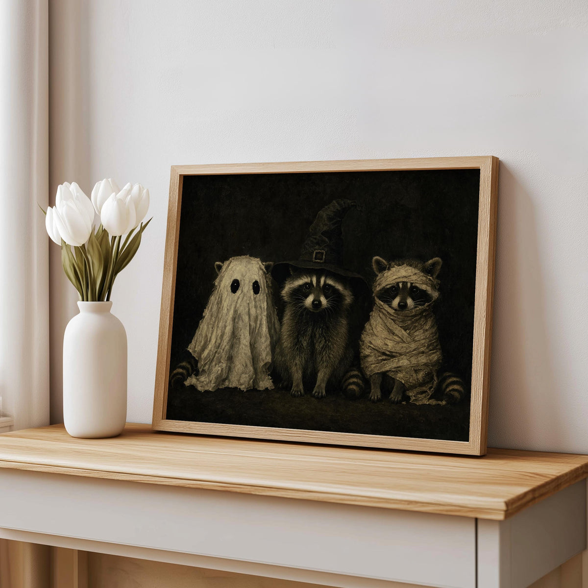 Dark Vintage Halloween Raccoons Wall Art, Funny Raccoon Halloween Print, Witchy Animal Portrait, Gothic Fall Decor, Cute Spooky Painting
