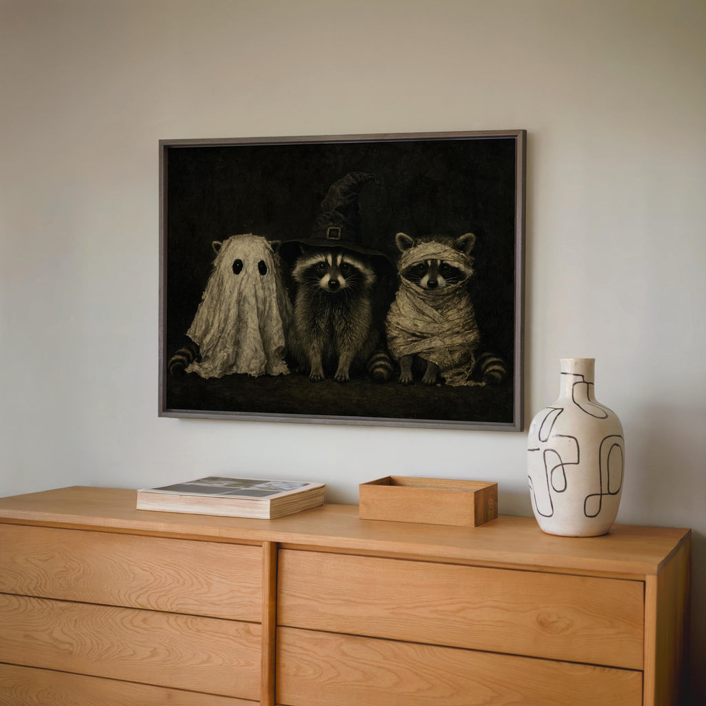 Dark Vintage Halloween Raccoons Wall Art, Funny Raccoon Halloween Print, Witchy Animal Portrait, Gothic Fall Decor, Cute Spooky Painting
