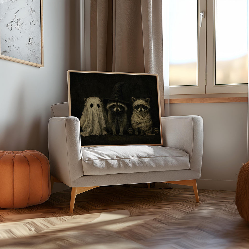Dark Vintage Halloween Raccoons Wall Art, Funny Raccoon Halloween Print, Witchy Animal Portrait, Gothic Fall Decor, Cute Spooky Painting