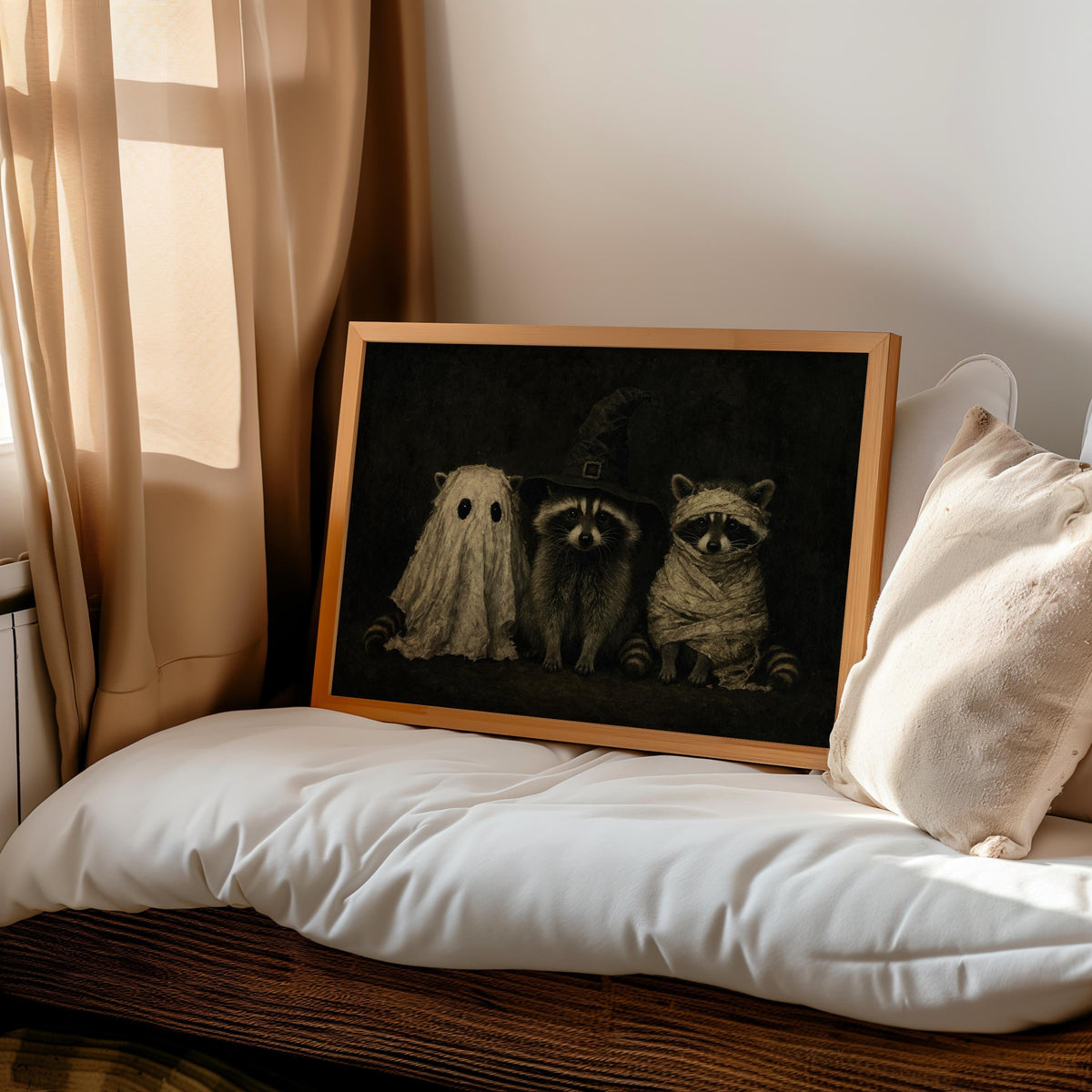 Dark Vintage Halloween Raccoons Wall Art, Funny Raccoon Halloween Print, Witchy Animal Portrait, Gothic Fall Decor, Cute Spooky Painting