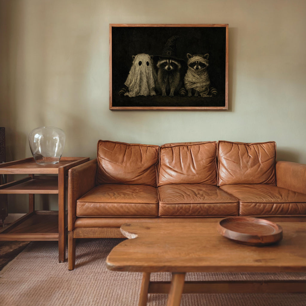 Dark Vintage Halloween Raccoons Wall Art, Funny Raccoon Halloween Print, Witchy Animal Portrait, Gothic Fall Decor, Cute Spooky Painting