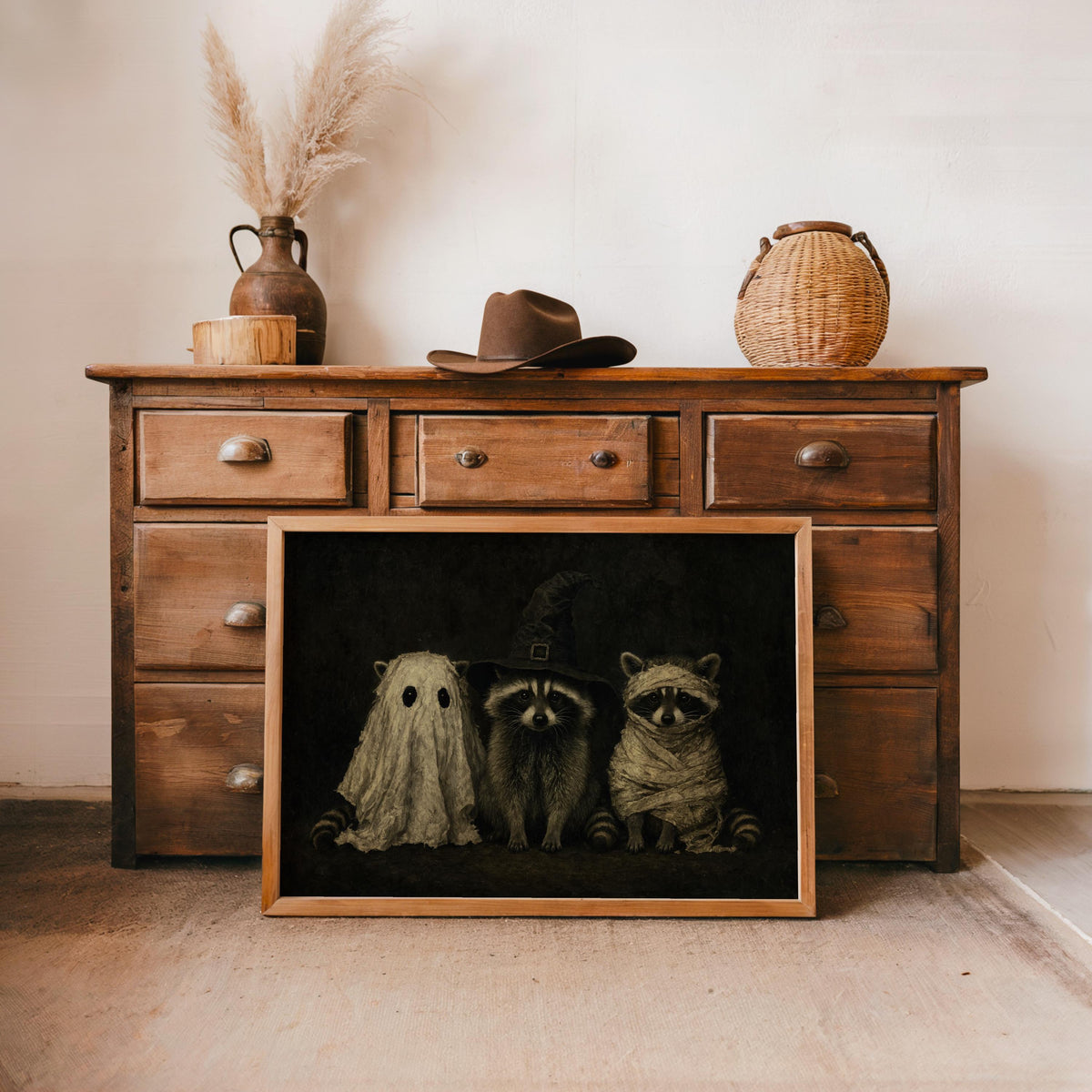 Dark Vintage Halloween Raccoons Wall Art, Funny Raccoon Halloween Print, Witchy Animal Portrait, Gothic Fall Decor, Cute Spooky Painting