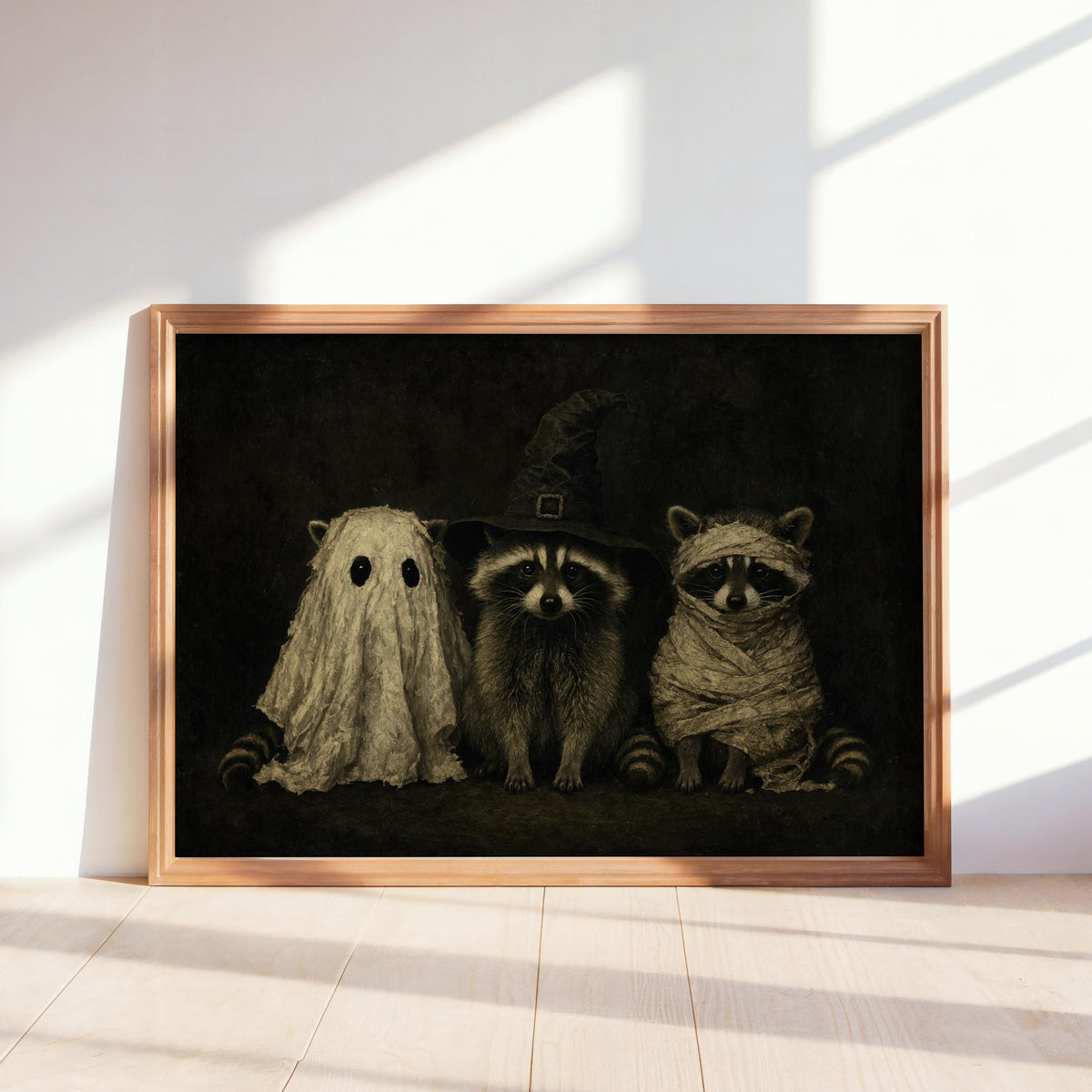Dark Vintage Halloween Raccoons Wall Art, Funny Raccoon Halloween Print, Witchy Animal Portrait, Gothic Fall Decor, Cute Spooky Painting