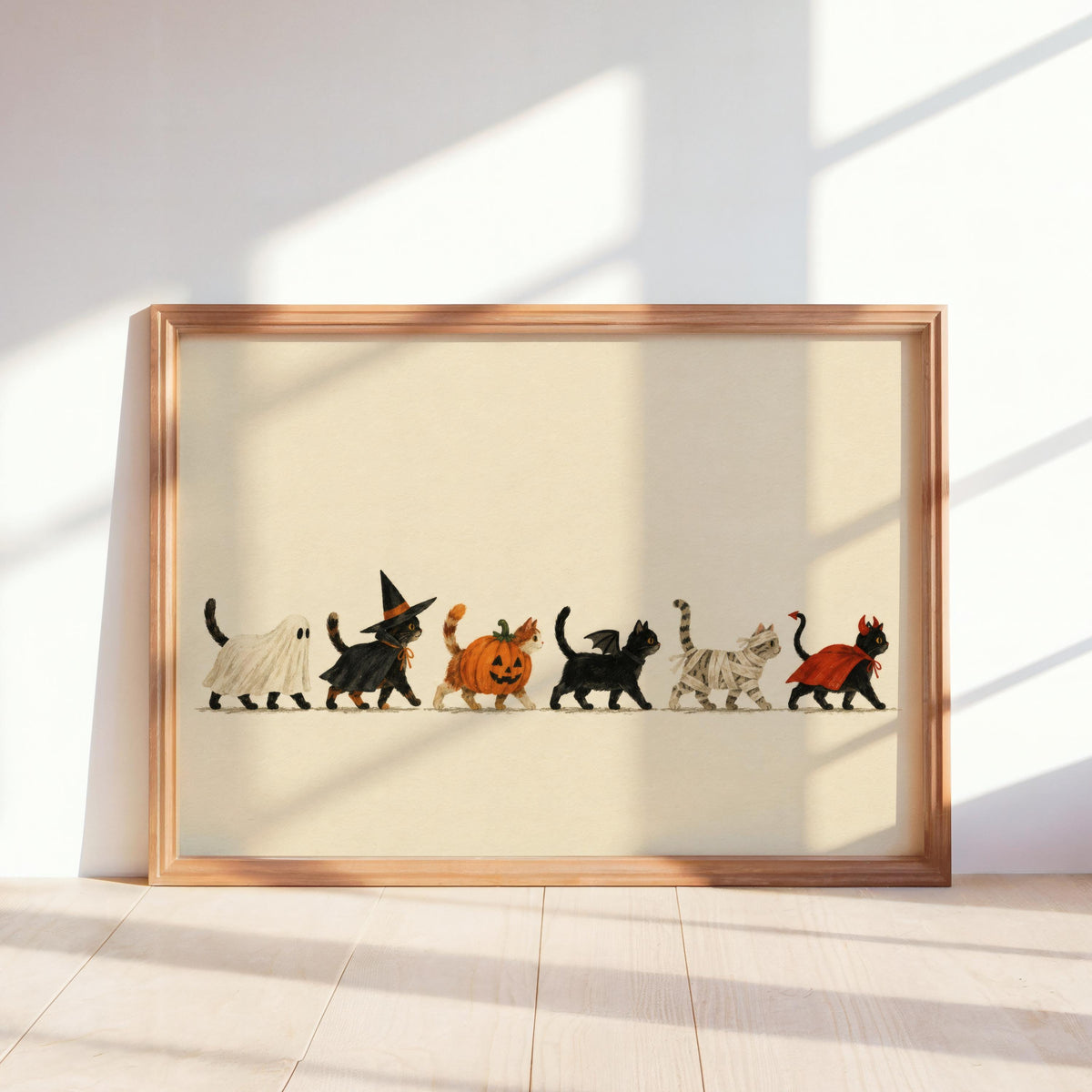 Framed Halloween cat wall art leaning on sunlit floor, vintage cream background, wood frame