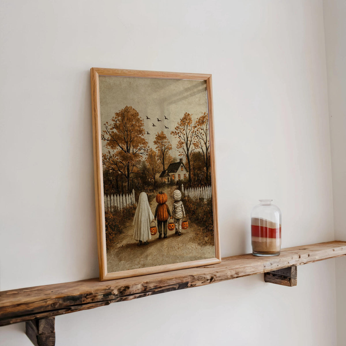 Rustic Halloween Folk Art Decor, Trick or Treat Cozy Autumn Painting, Ghost & Witch Print, Vintage Witchy Fall Decor, Cottagecore Farmhouse