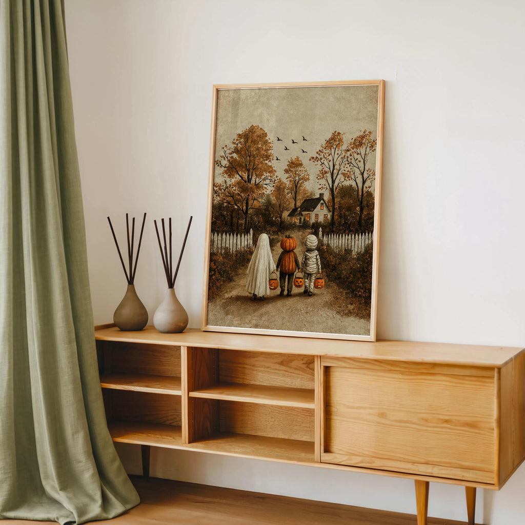 Rustic Halloween Folk Art Decor, Trick or Treat Cozy Autumn Painting, Ghost & Witch Print, Vintage Witchy Fall Decor, Cottagecore Farmhouse