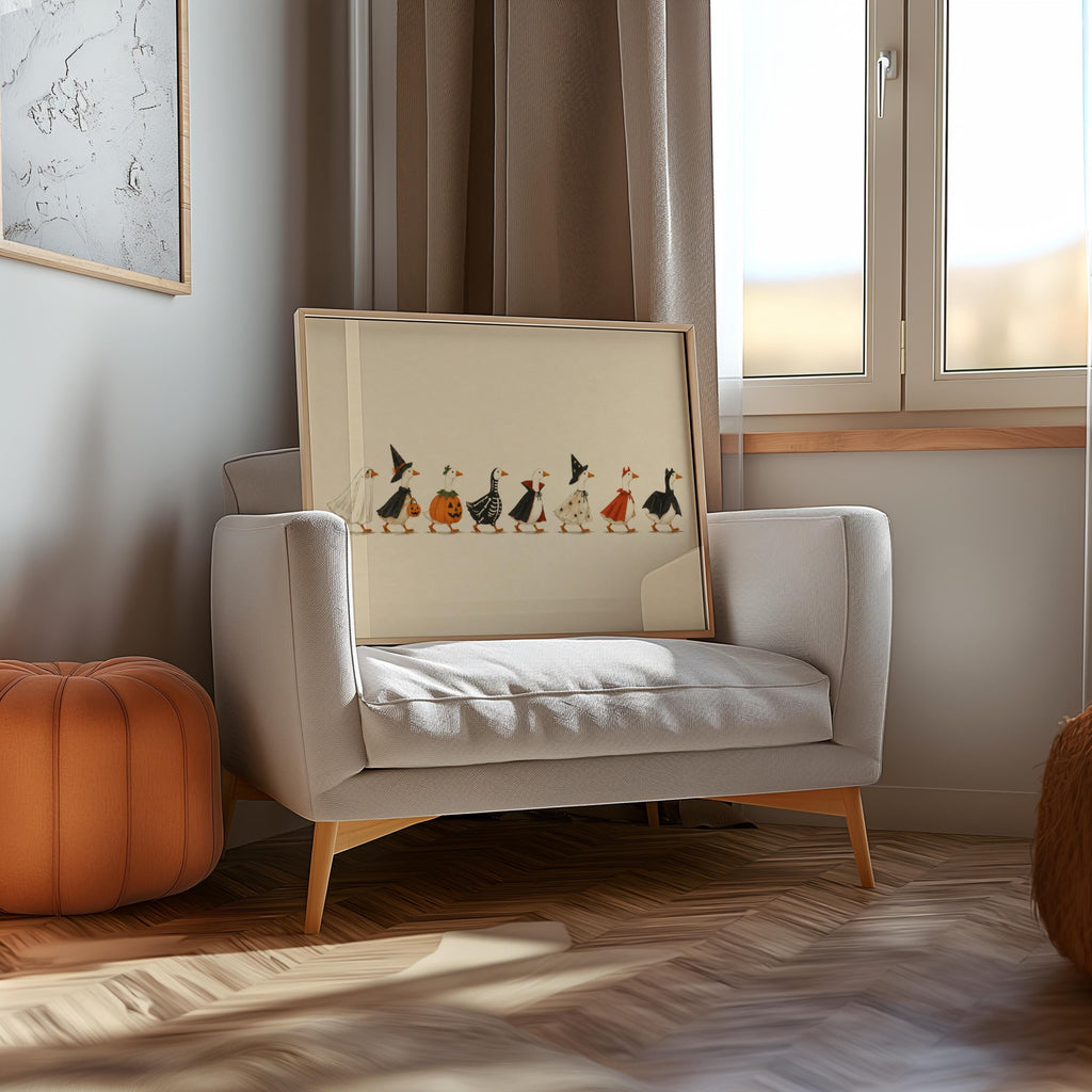 Halloween animal print leaning on cozy armchair, pumpkin accent, duck wall art with vintage folk style