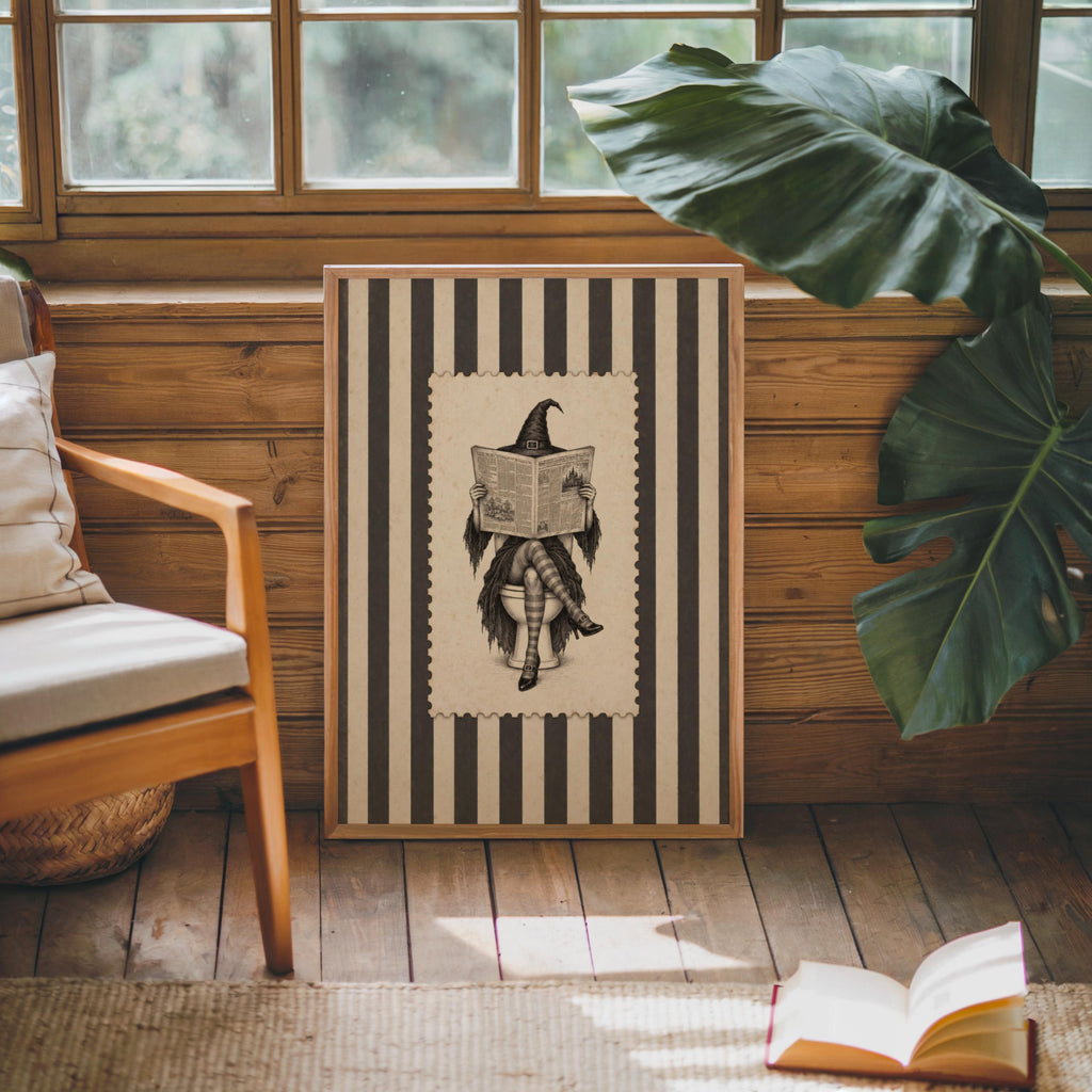 Witch Reading Newspaper on Toilet Wall Art, Vintage Halloween Bathroom Humor Print, Retro Stripes Poster, Funny Witchy Bathroom Decor