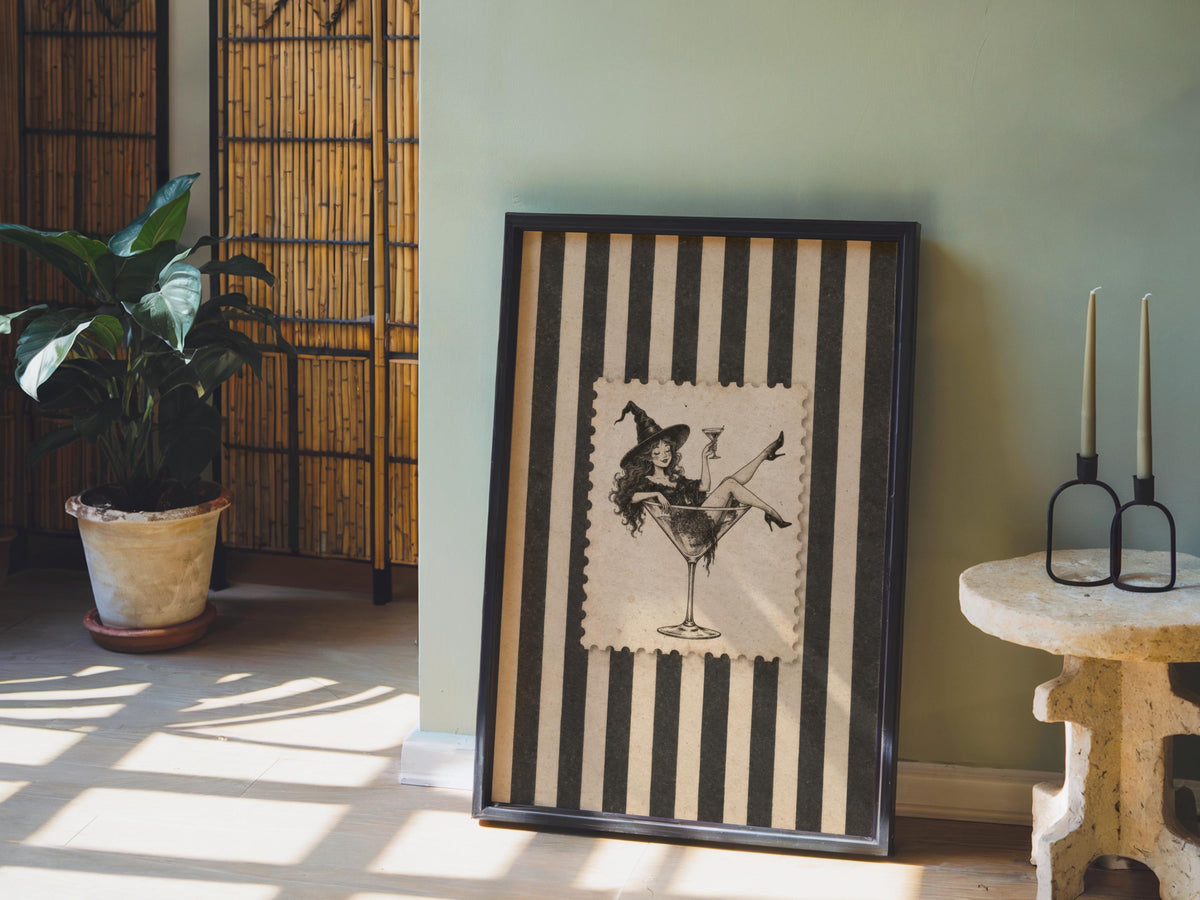 Witch in Martini Glass, Vintage Halloween Cocktail Wall Art, Retro Pin Up Woman Print, Funny Gothic Bar Decor, Spooky Stripes Illustration
