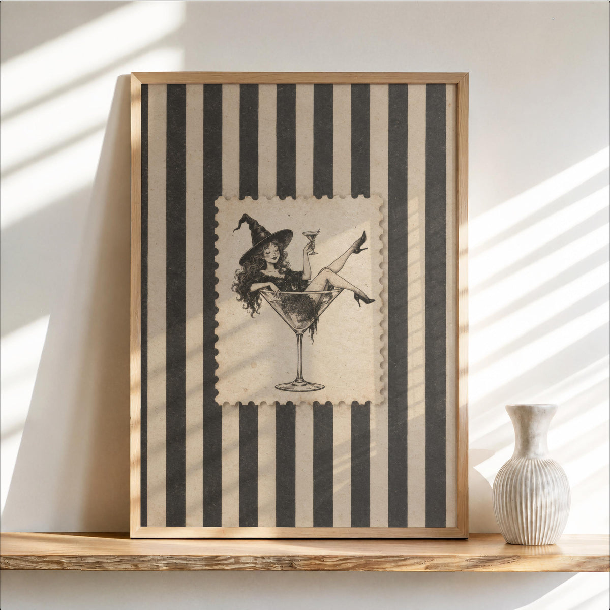 Witch in Martini Glass, Vintage Halloween Cocktail Wall Art, Retro Pin Up Woman Print, Funny Gothic Bar Decor, Spooky Stripes Illustration