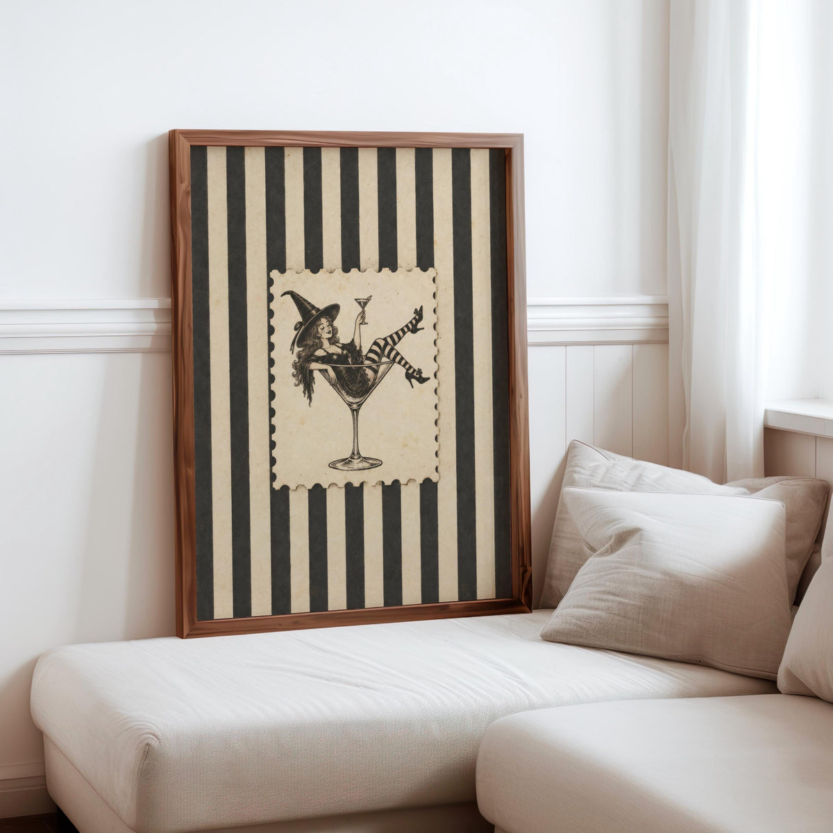 Retro Witch & Martini Glass, Vintage Cocktail Halloween Print, Funny Pin Up Woman Wall Art, Gothic Bar Decor, Spooky Stripes Illustration