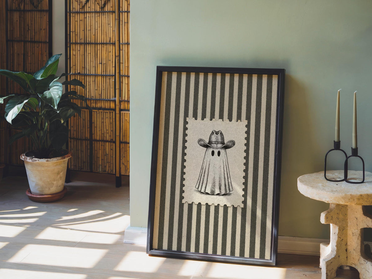 Vintage Cowboy Ghost Art, Western Halloween Decor, Striped Wall Print, Retro Spooky Poster, Postage Stamp Illustration, Rustic Americana