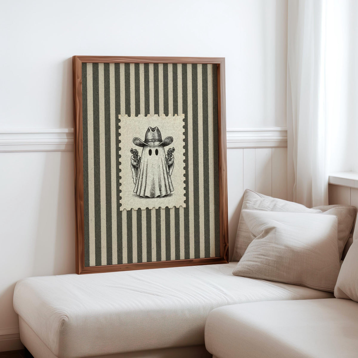 Ghost Cowboy Gunslinger Wall Art, Funny Western Halloween Print, Retro Stripes Poster, Spooky Post Stamp Illustration Rustic Americana Decor