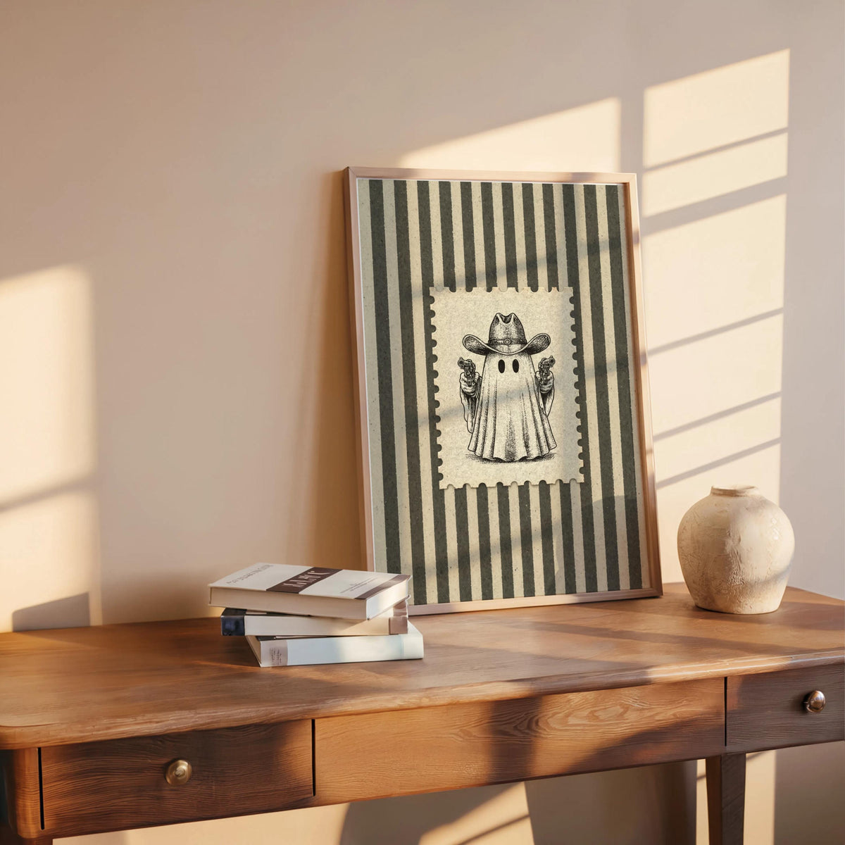 Ghost Cowboy Gunslinger Wall Art, Funny Western Halloween Print, Retro Stripes Poster, Spooky Post Stamp Illustration Rustic Americana Decor
