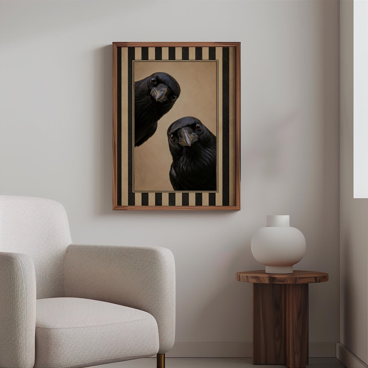 Black Crow Wall Art, Vintage Witchy Bird Poster, Retro Striped Print, Curious Raven Artwork, Gothic Halloween Decor, Moody Dark Academia Art