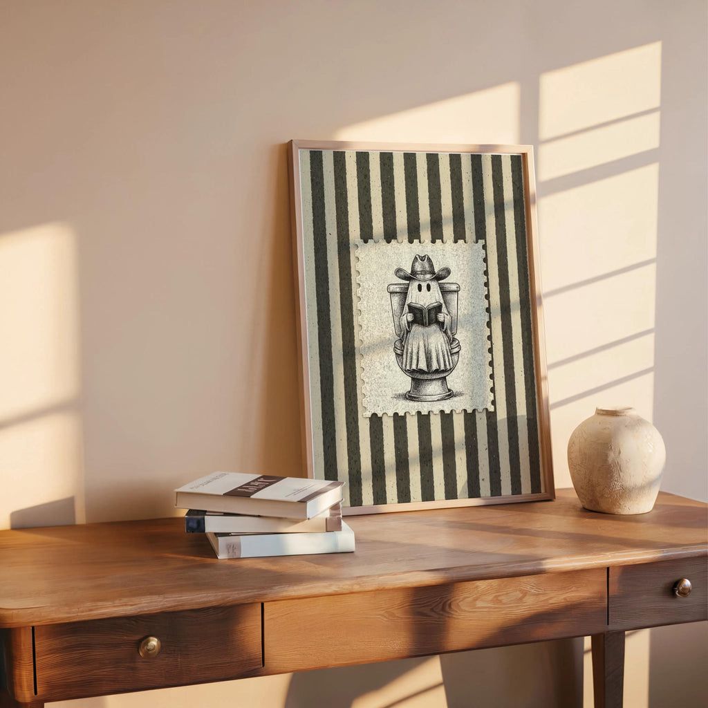 Cowboy Ghost Halloween Toilet Print, Funny Bathroom Wall Art, Western Newspaper Poster, Vintage Spooky Illustration, Quirky Country Decor