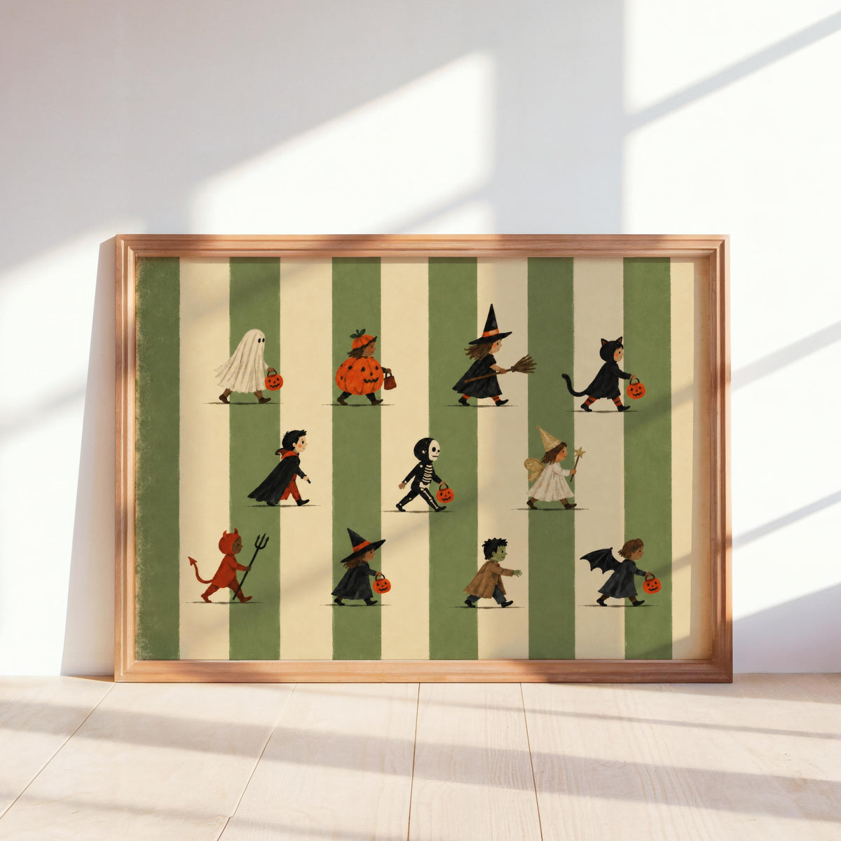 Halloween Parade Print, Vintage Stripes Trick Or Treat Decor, Cute Autumn Kids Costume Wall Art, Spooky Ghost & Witch Fall Poster
