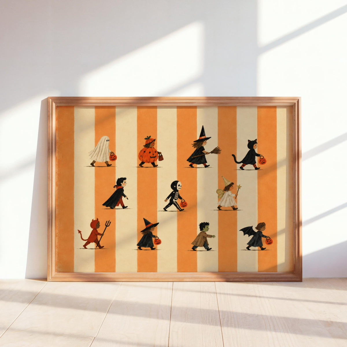 Halloween Parade Print, Vintage Stripes Trick Or Treat Decor, Cute Autumn Kids Costume Wall Art, Spooky Ghost & Witch Fall Poster