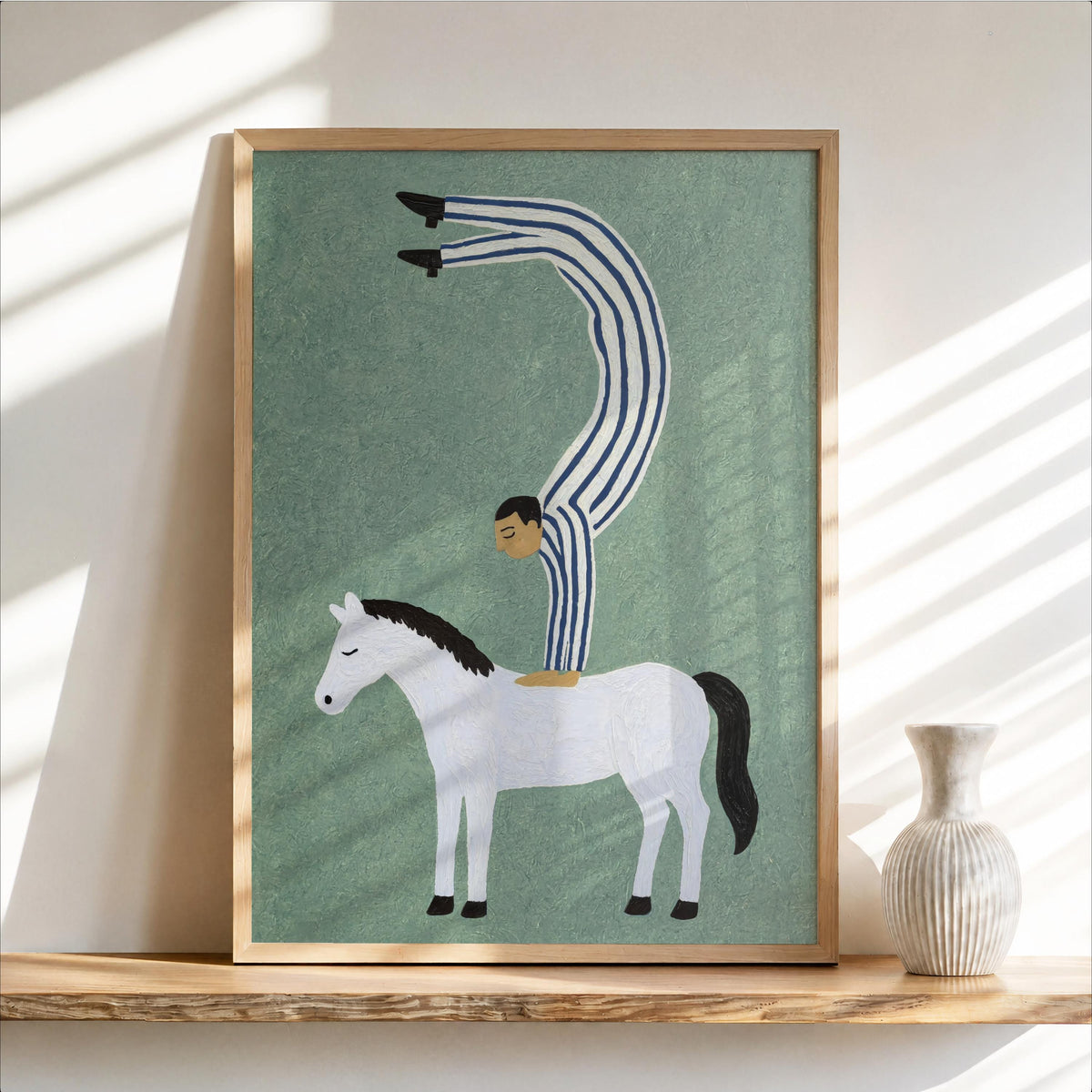 Surreal Circus Art Print, Acrobat Handstand on Horse Wall Decor, Vibrant Abstract Poster, Cute Striped Folk Illustration, Equestrian Gift