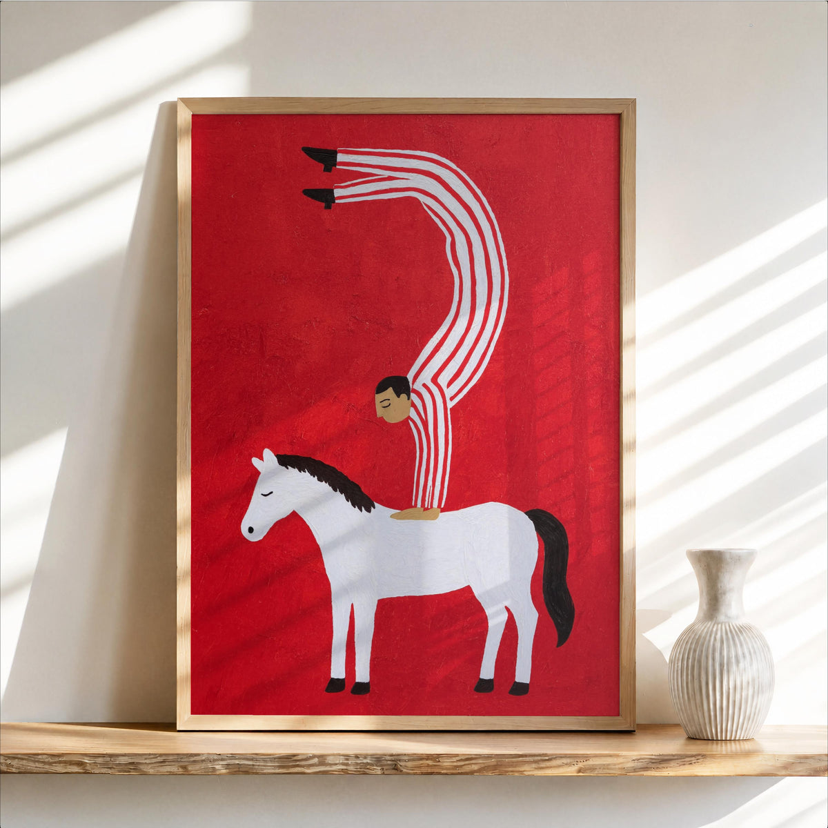Surreal Circus Art Print, Acrobat Handstand on Horse Wall Decor, Vibrant Abstract Poster, Cute Striped Folk Illustration, Equestrian Gift