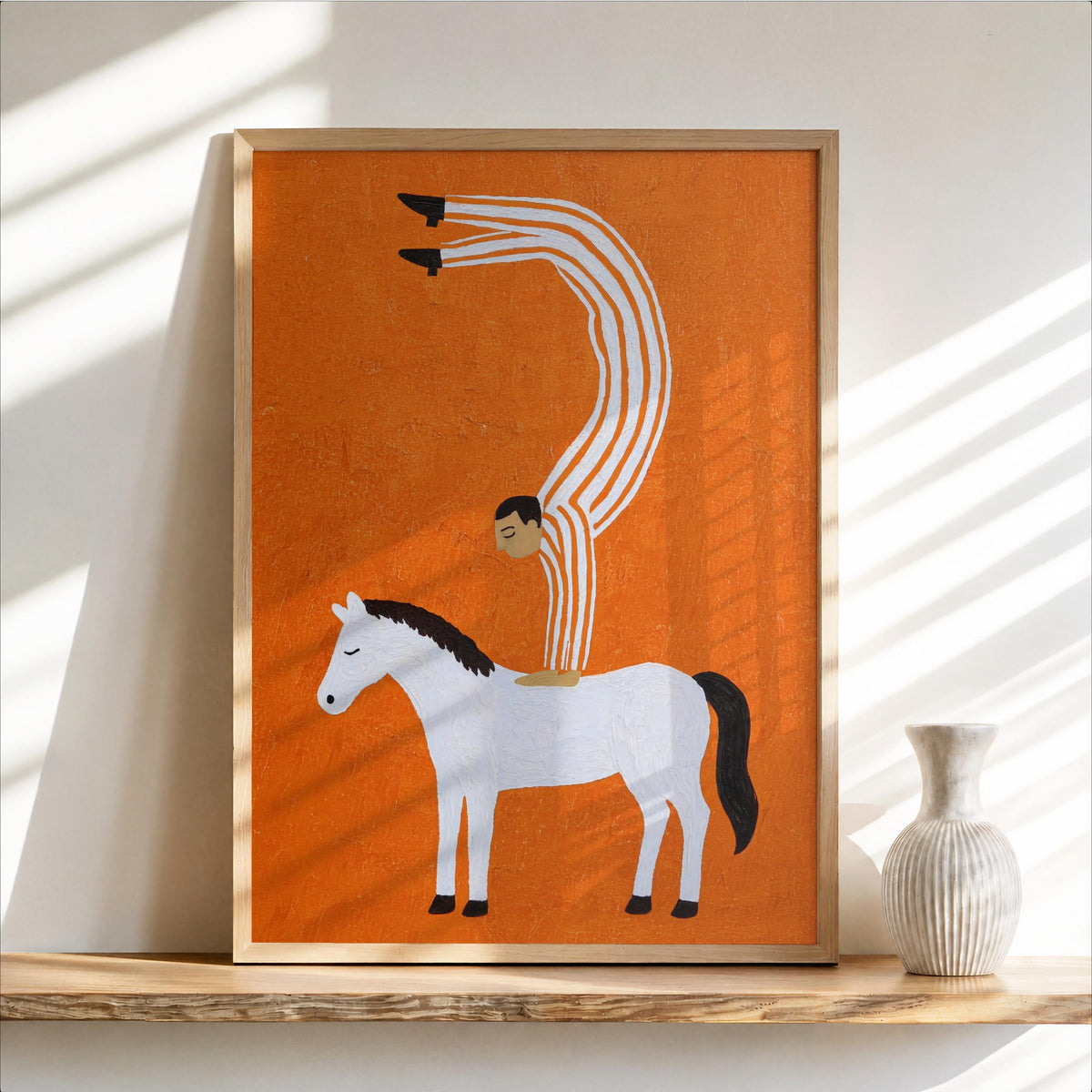 Surreal Circus Art Print, Acrobat Handstand on Horse Wall Decor, Vibrant Abstract Poster, Cute Striped Folk Illustration, Equestrian Gift