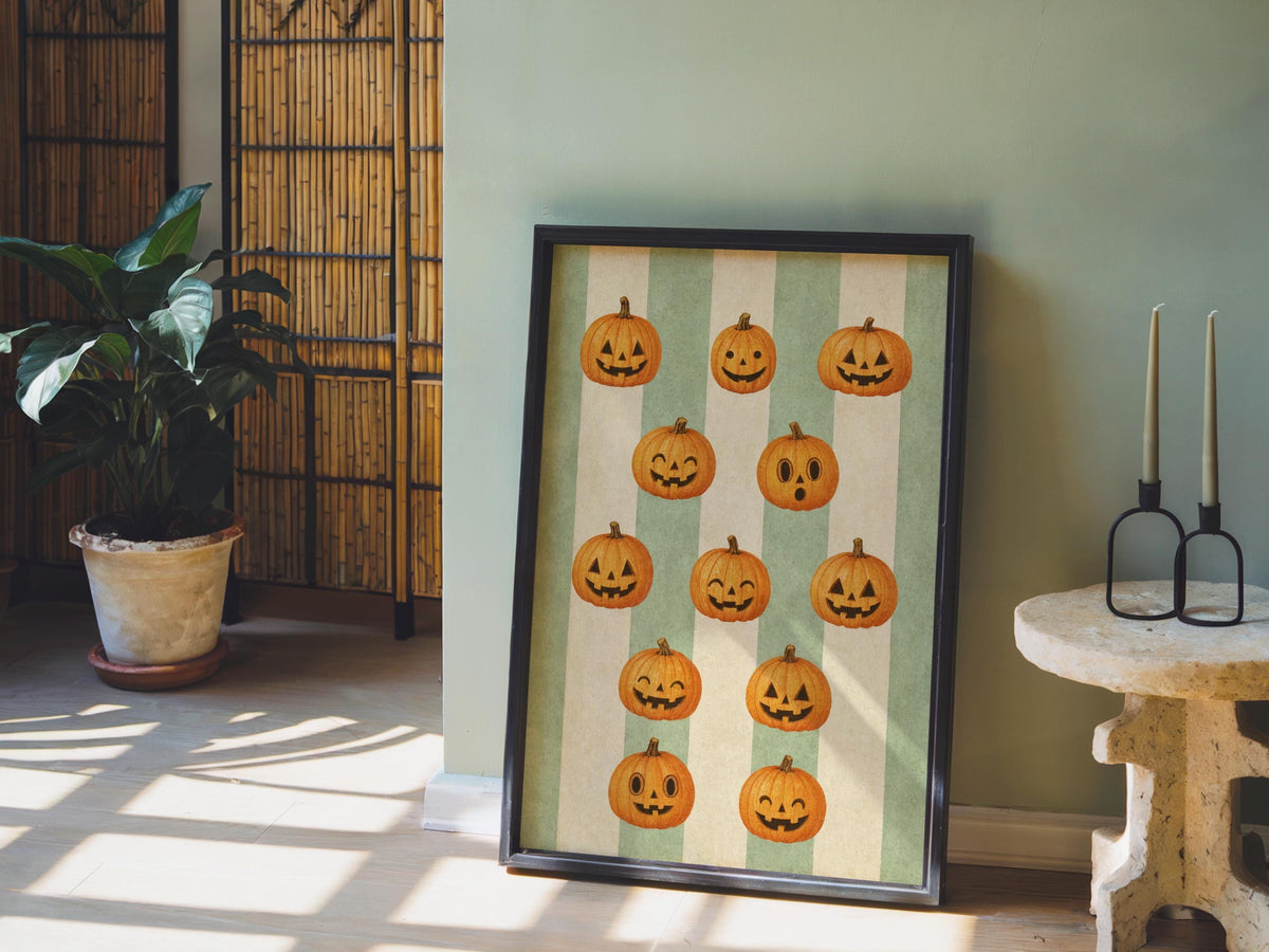 Halloween Pumpkin Poster, Retro Jack O Lanterns, Green Striped Wall Art, Whimsical Fall Print, Spooky Season Vintage Illustration