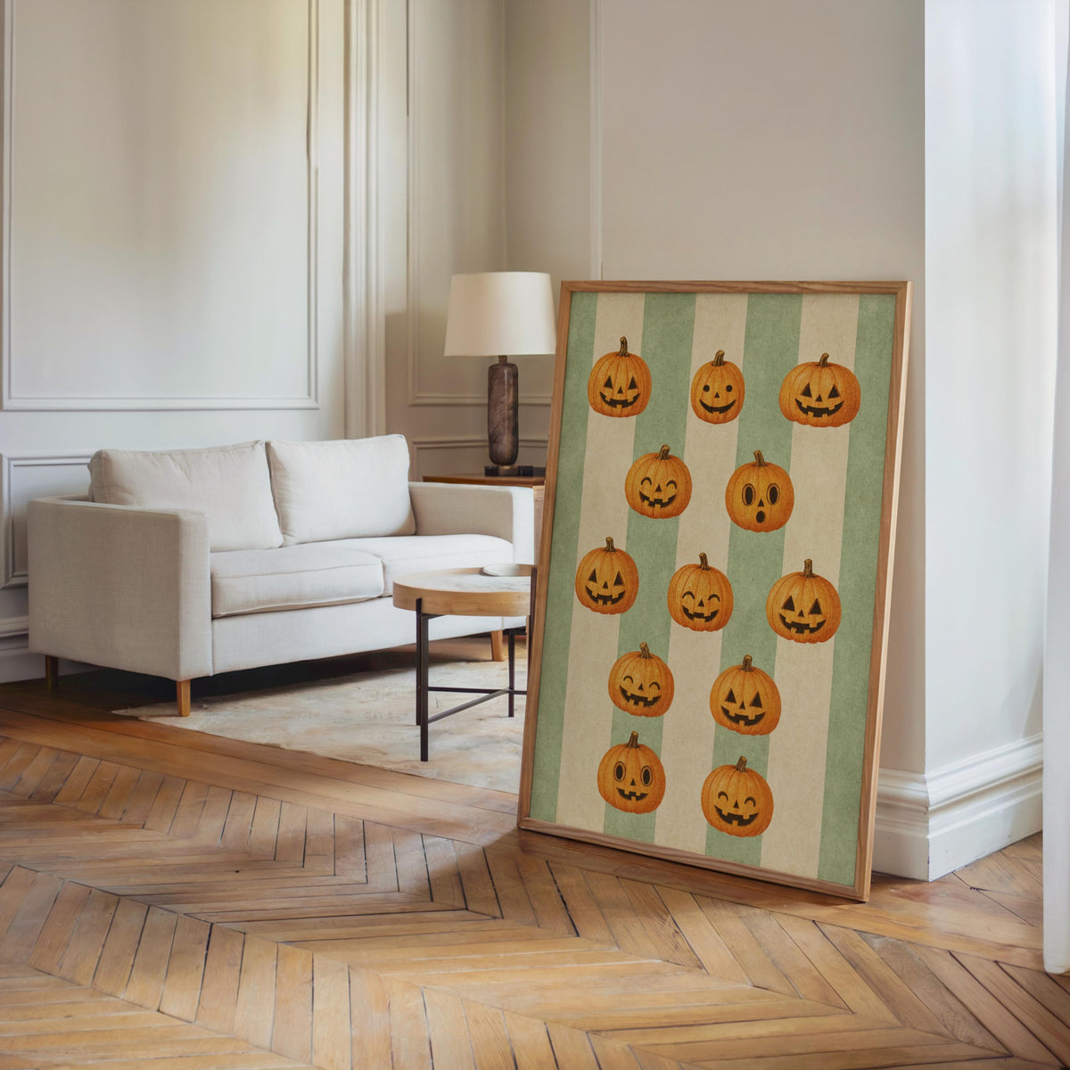 Halloween Pumpkin Poster, Retro Jack O Lanterns, Green Striped Wall Art, Whimsical Fall Print, Spooky Season Vintage Illustration