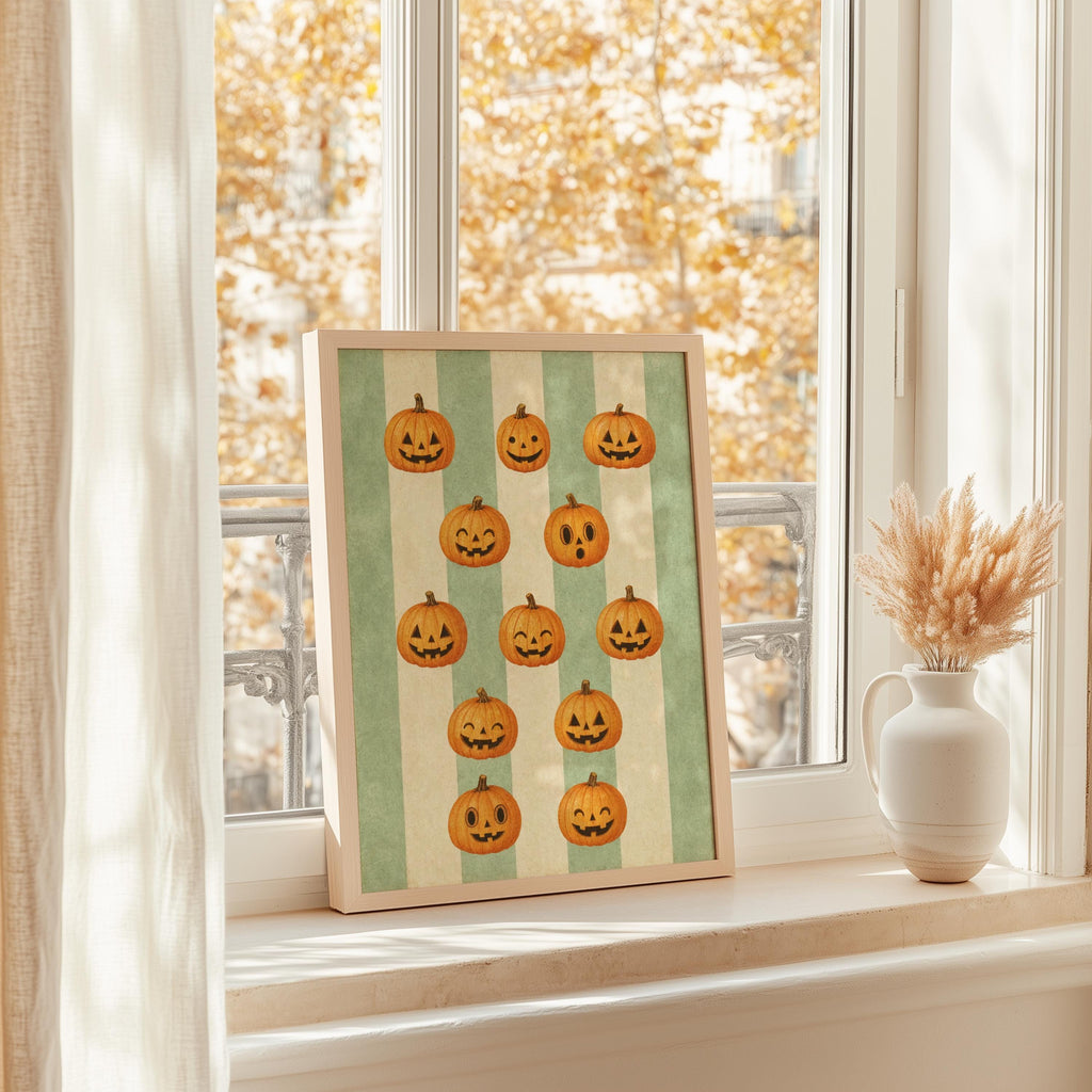 Halloween Pumpkin Poster, Retro Jack O Lanterns, Green Striped Wall Art, Whimsical Fall Print, Spooky Season Vintage Illustration